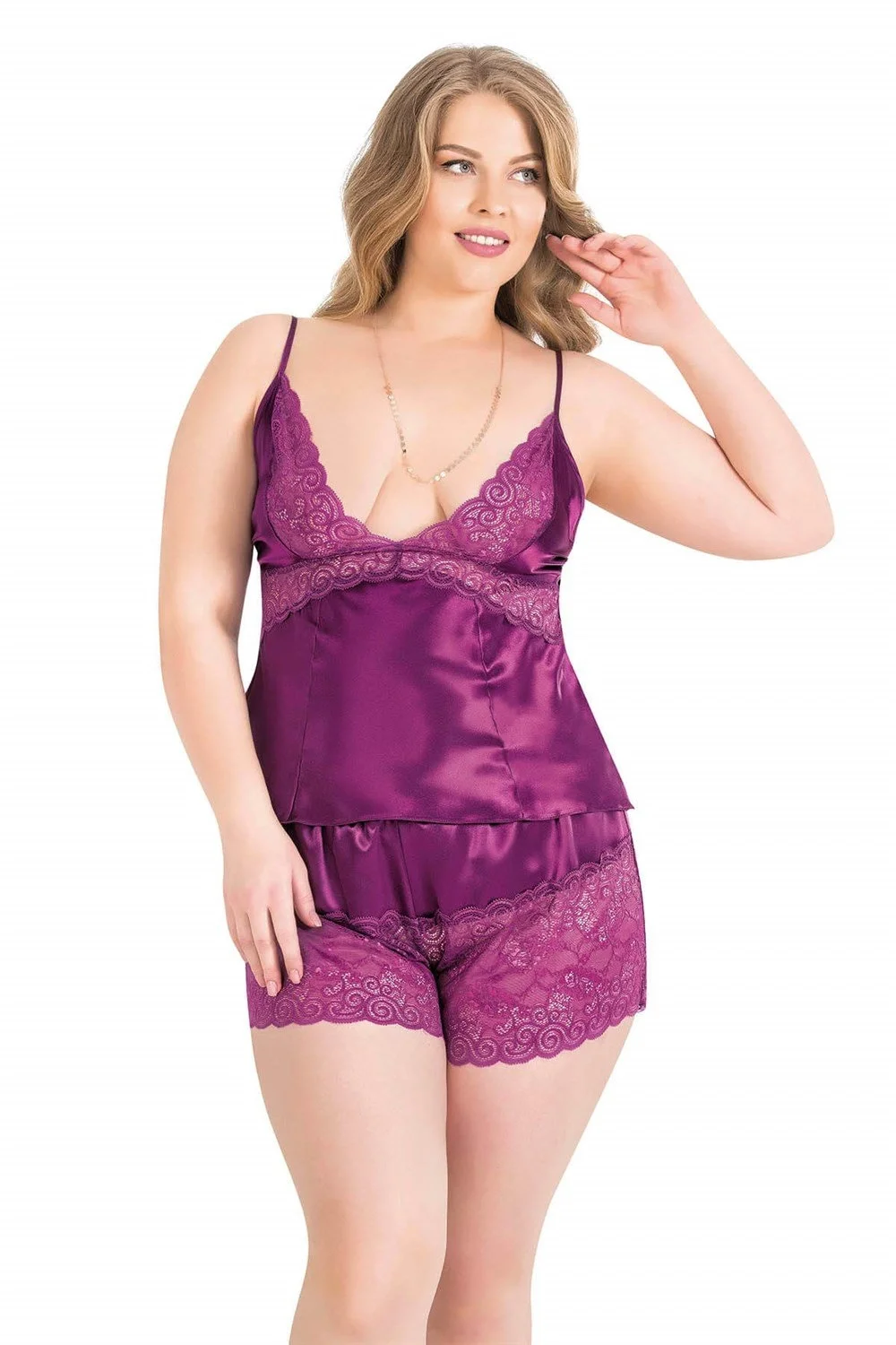 Ahu Primoda Büyük Beden Mor Saten Babydoll Şort Takımı 1062 Şort Takım Toptan