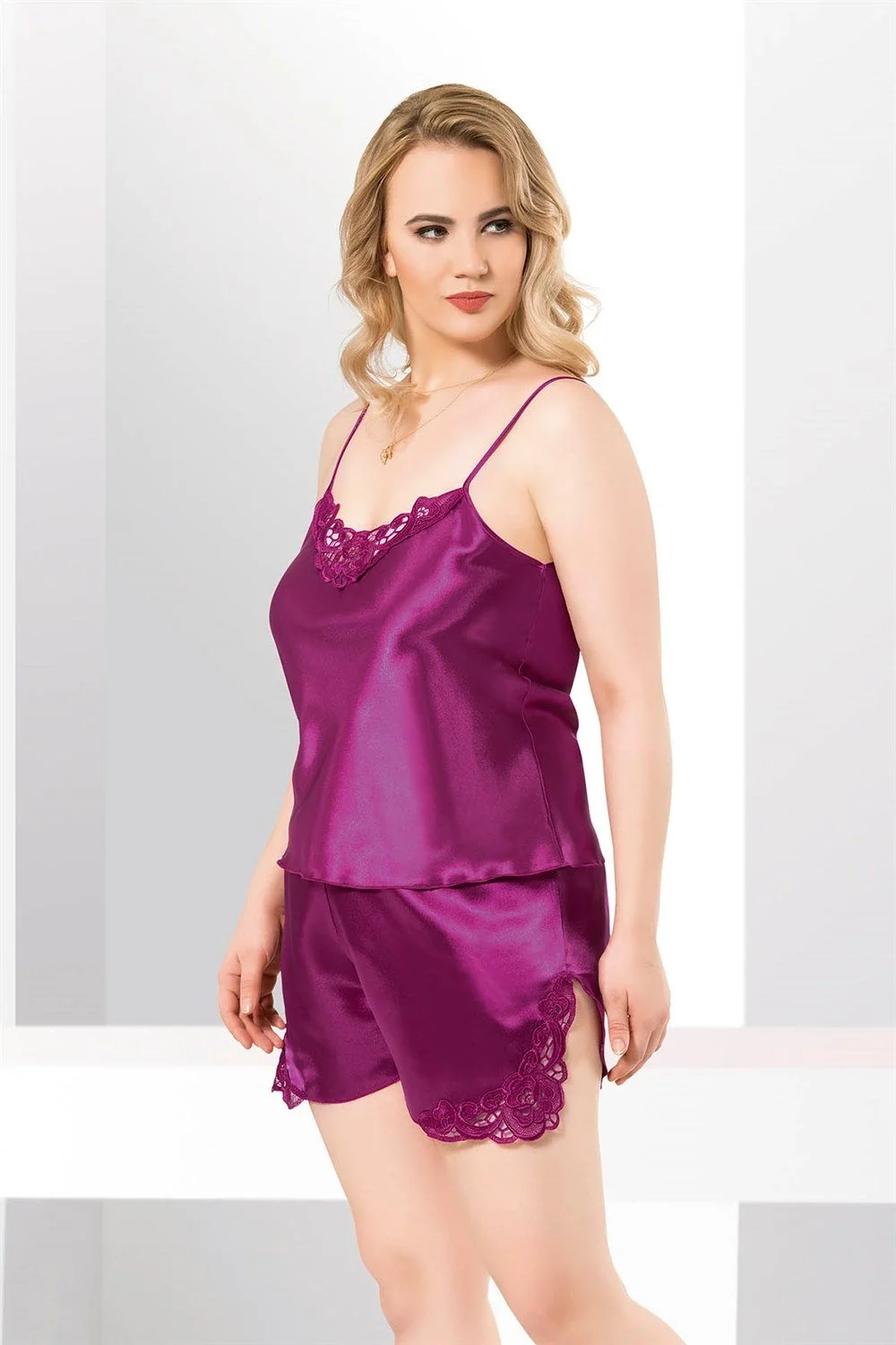 Ahu Primoda Büyük Beden Mor Saten Babydoll Şort Takımı Şort Takım Toptan