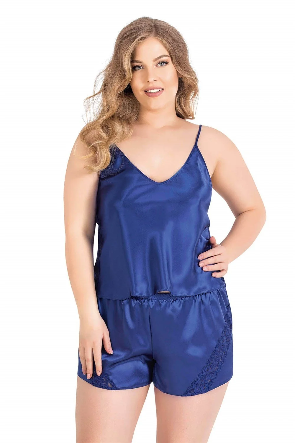 Ahu Primoda Büyük Beden Saks Saten Babydoll Şort Takımı 1061 Şort Takım Toptan