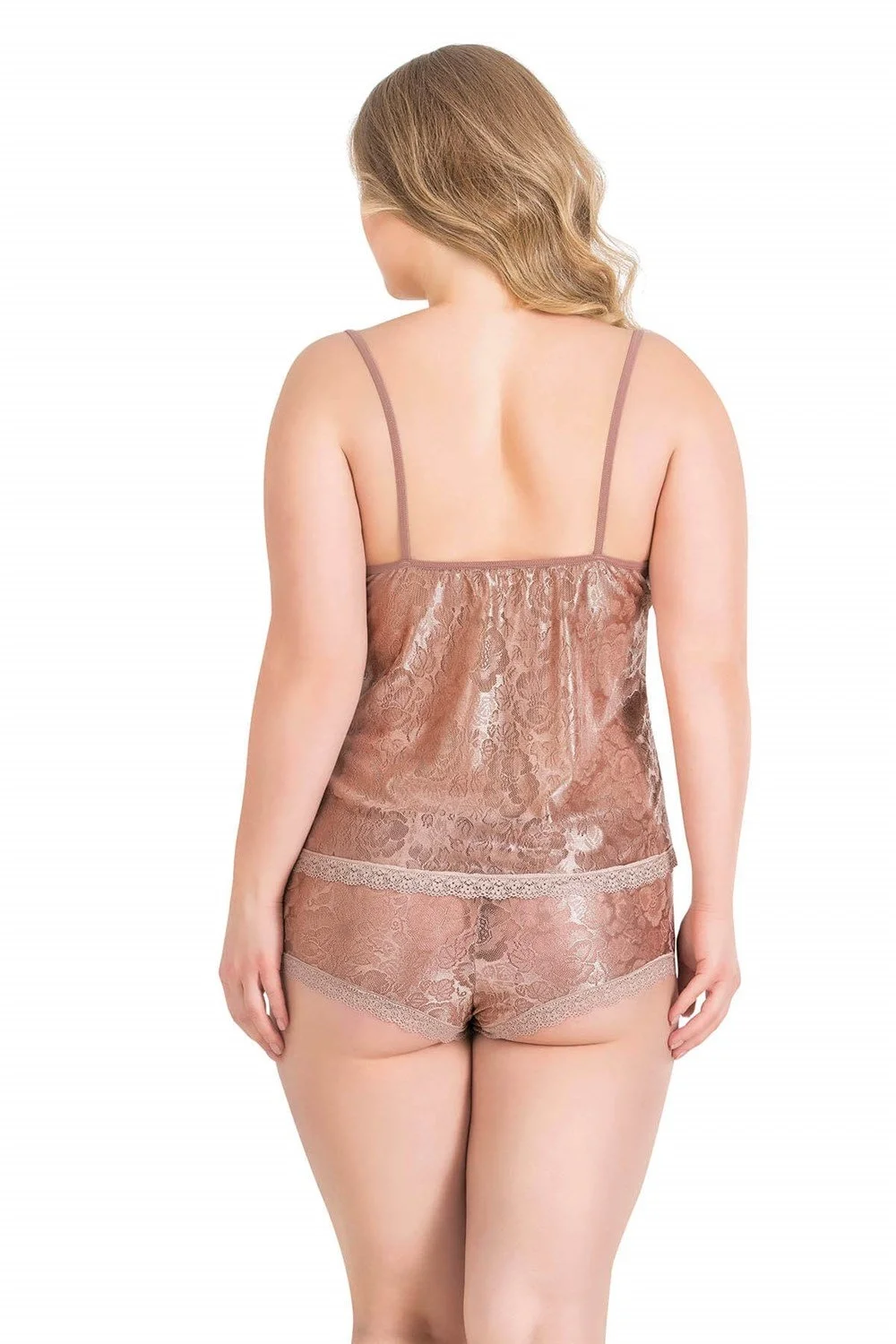 Ahu Primoda Büyük Beden Vizon Jakarlı Babydoll Şort Takımı 1051, kahverengi dantel detaylı, kadın iç giyim seti