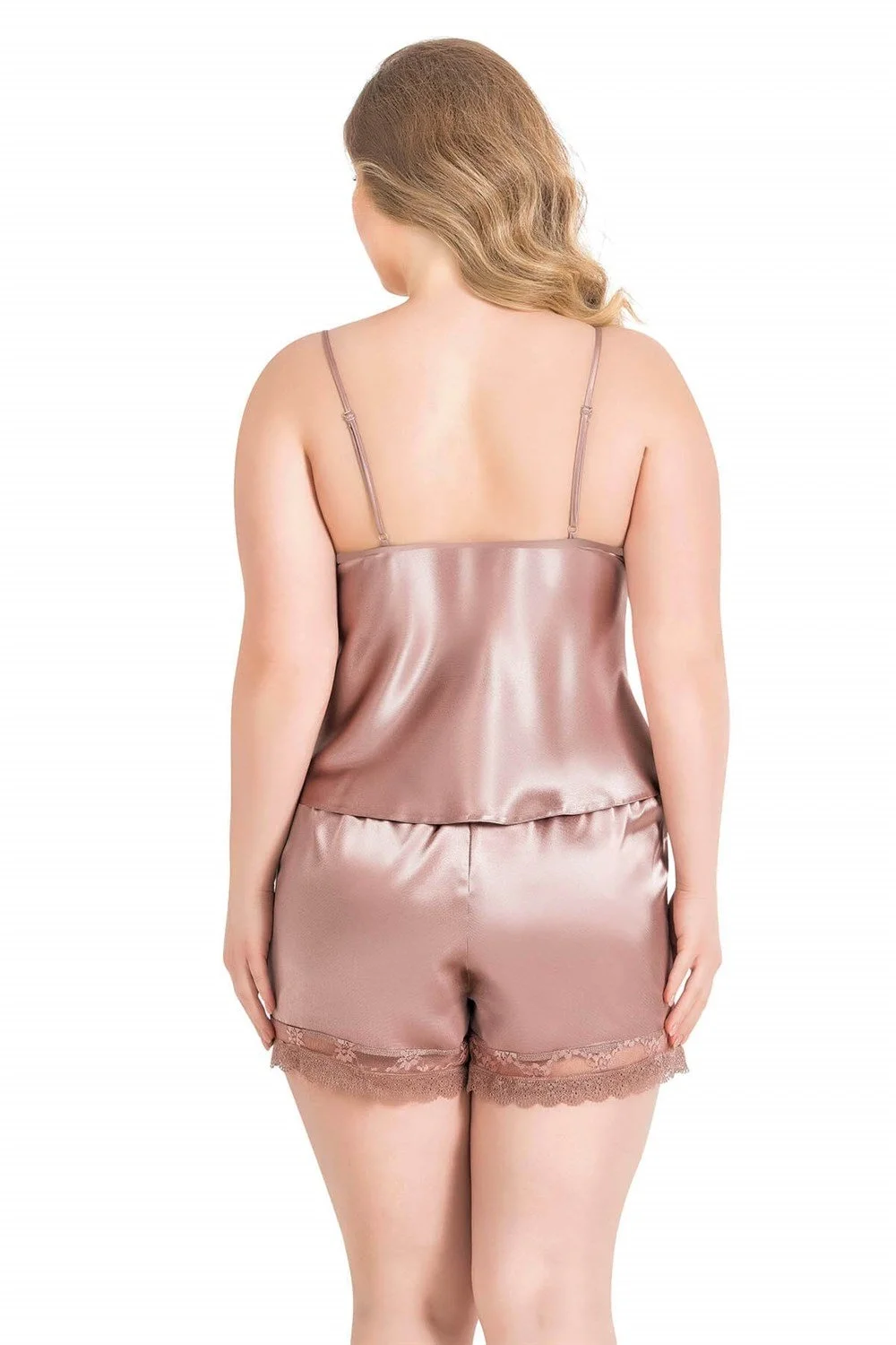 Ahu Primoda Büyük Beden Vizon Saten Babydoll Şort Takımı 1056, şık pembe satin ve dantel detaylı kadın iç giyim seti