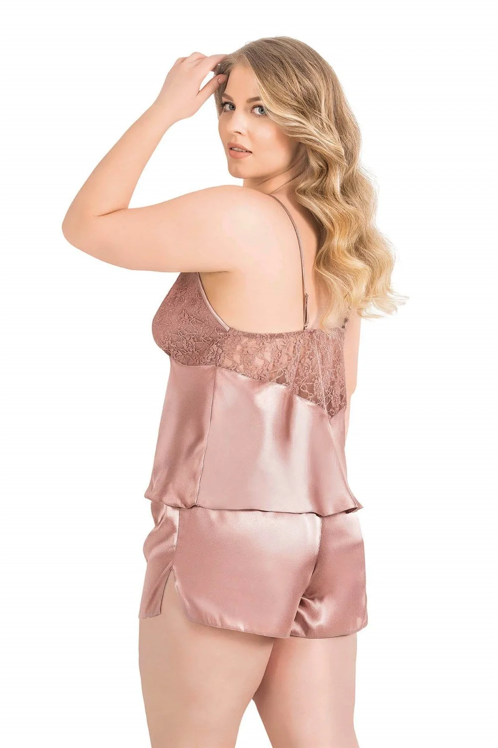 Ahu Primoda Büyük Beden Vizon Saten Babydoll Şort Takımı 1064, pembe saten ve dantel detaylı kadın iç giyim seti