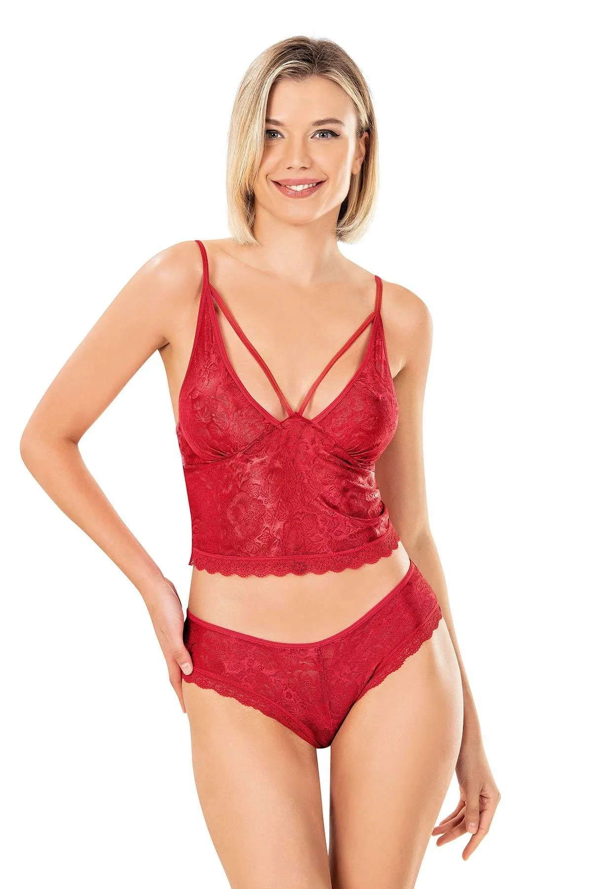 Ahu Primoda Jakarlı Şort Takımı Kırmızı 9153 Şort Takım Toptan