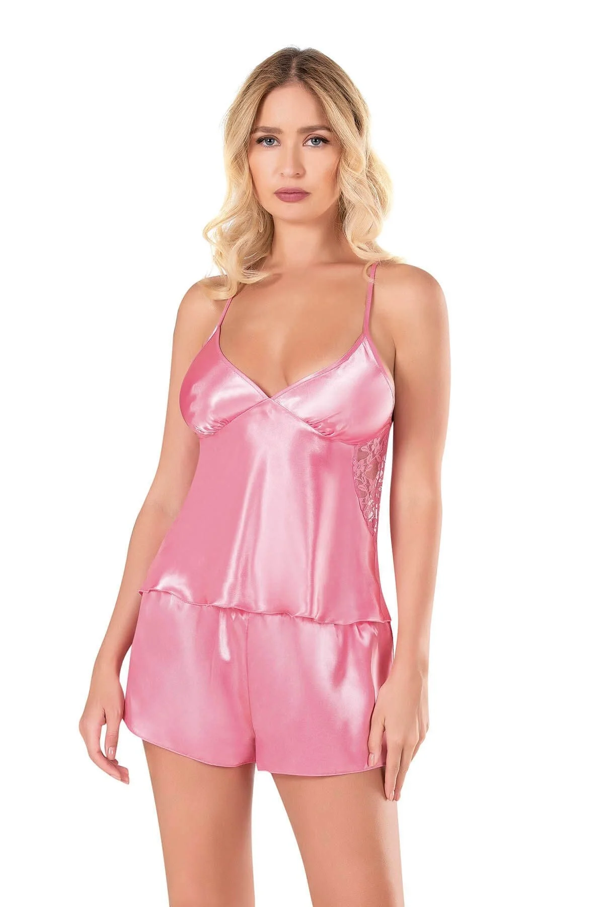 Ahu Primoda Koyu Pembe Saten Babydoll Şort Takımı 9108 Şort Takım Toptan