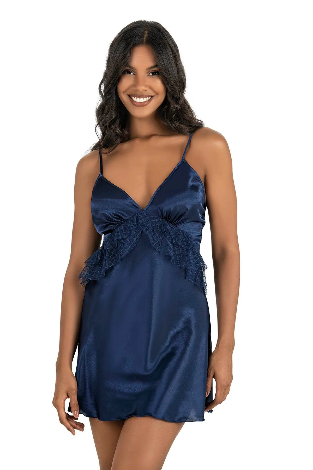 Ahu Primoda Lacivert Kısa Saten Gecelik 8225 Gecelik Toptan