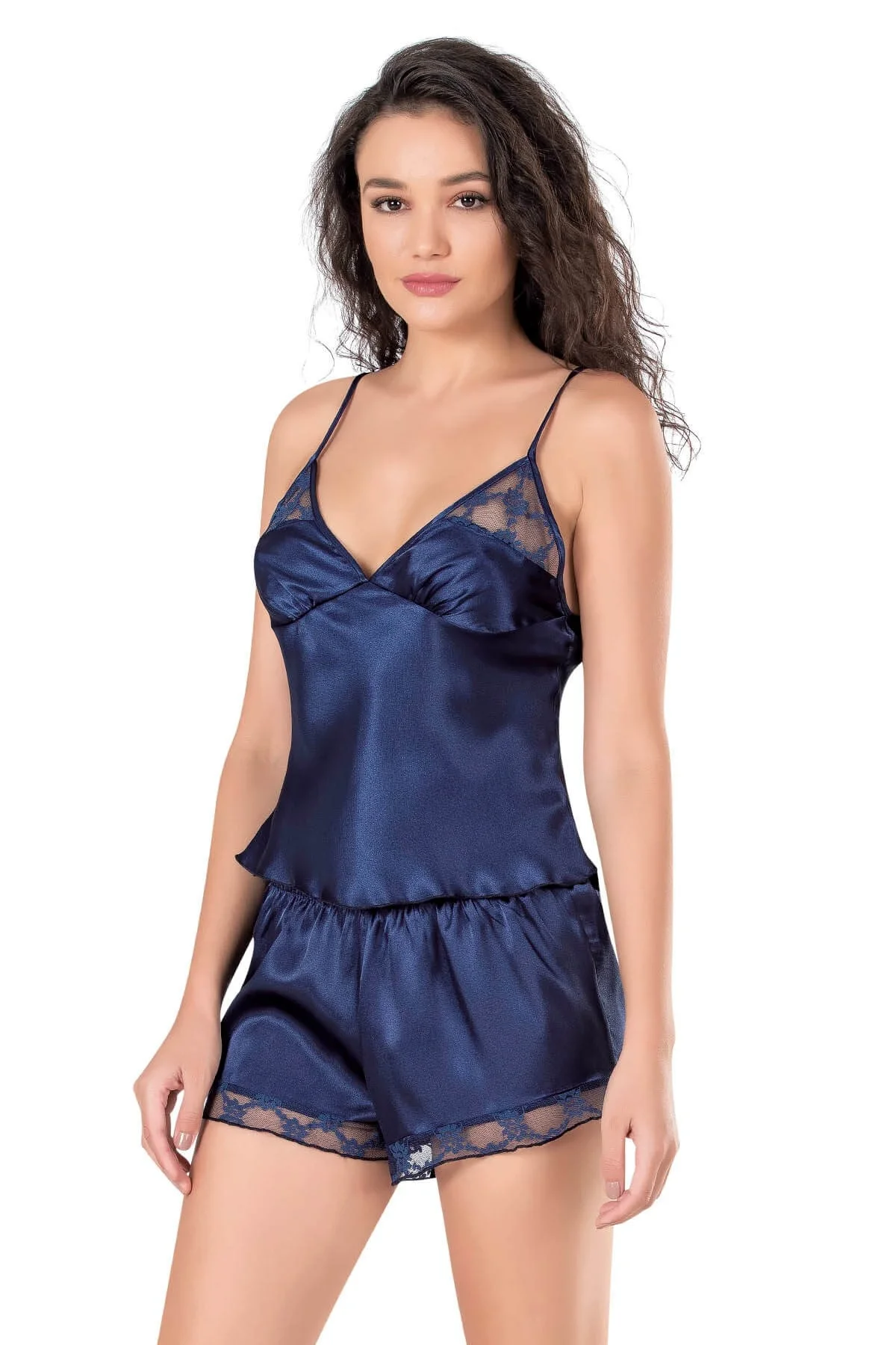 Ahu Primoda Lacivert Saten Babydoll Şort Takımı 9135, kadın iç giyim, saten ve dantel detaylı, beyaz arka plan