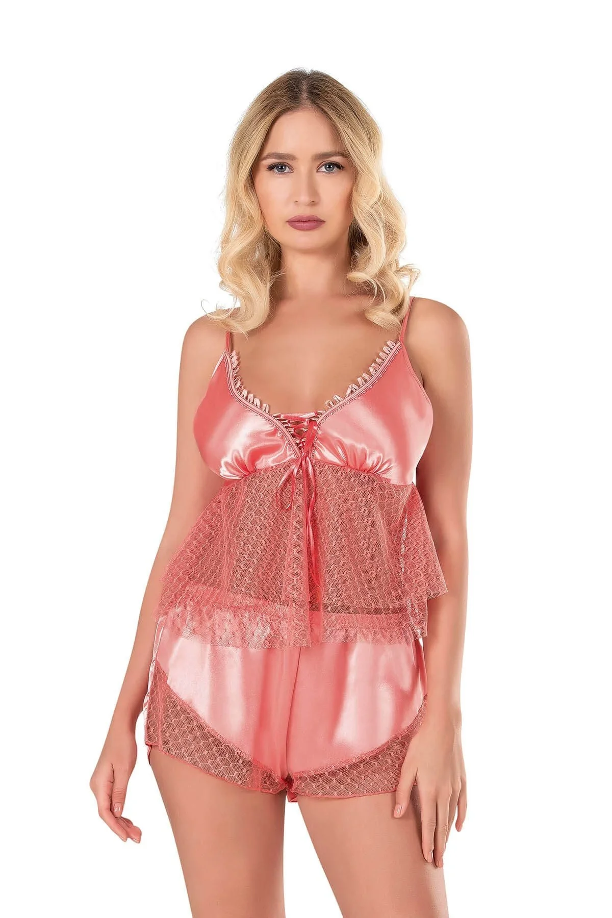 Ahu Primoda Mercan Saten Babydoll Şort Takımı 9138 Şort Takım Toptan