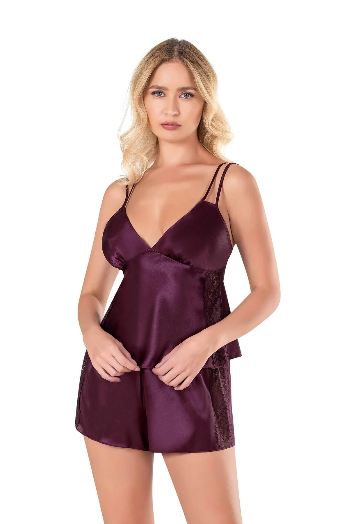 Ahu Primoda Mürdüm Saten Babydoll Şort Takımı 9120 Şort Takım Toptan