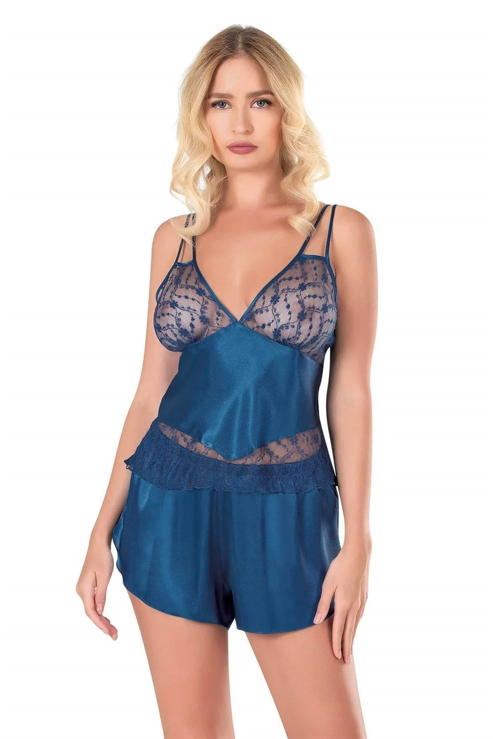 Ahu Primoda Petrol Mavisi Saten Babydoll Şort Takımı 9127 Şort Takım Toptan