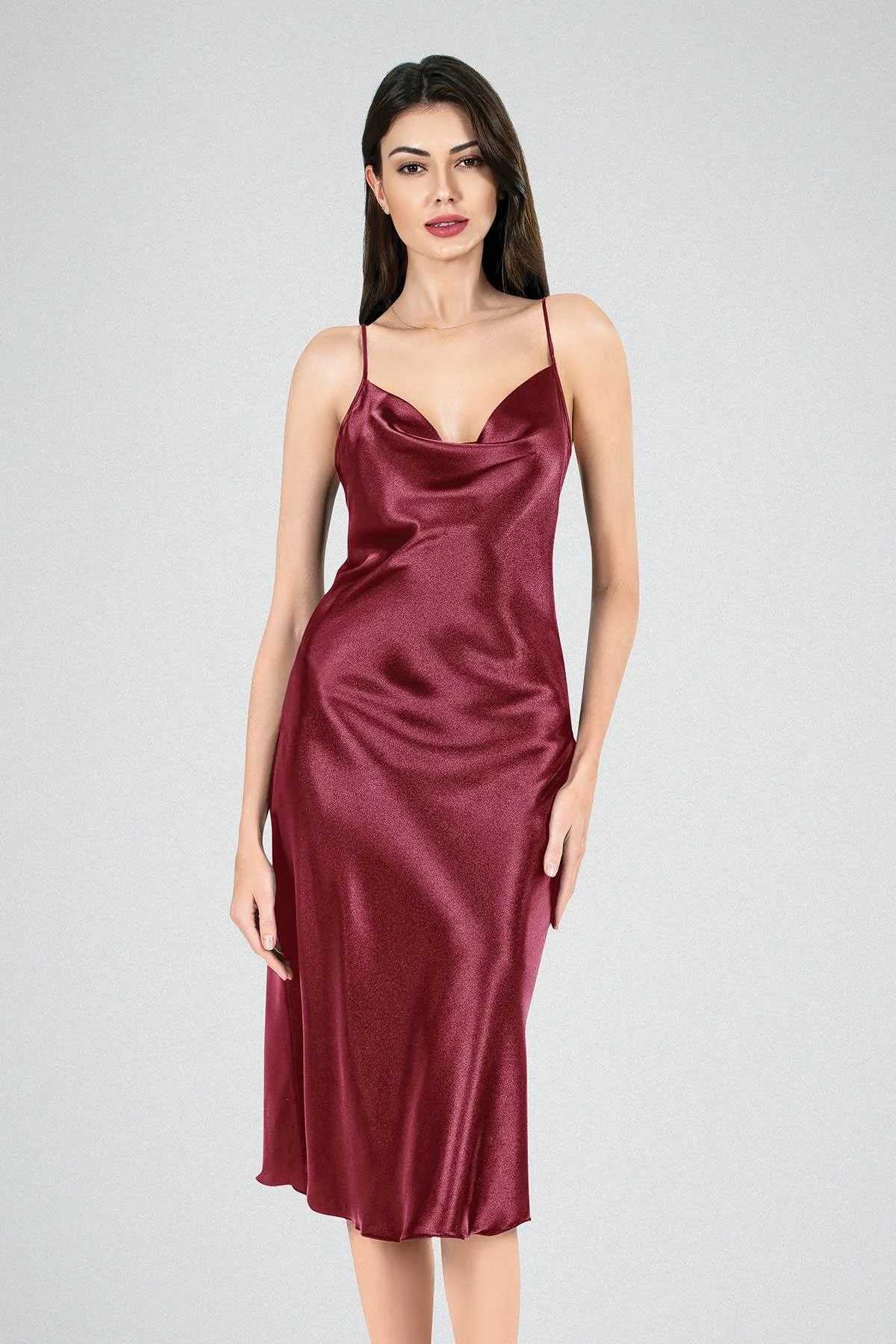 Ahu Primoda Uzun Gecelik Degaje Bordo 7741 Gecelik Toptan