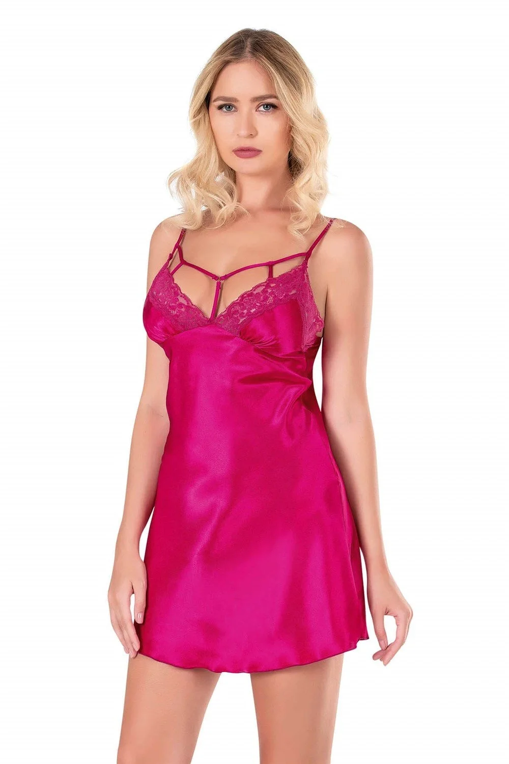 Ahu Primoda Vişne Kısa Saten Gecelik 8116 Gecelik Toptan