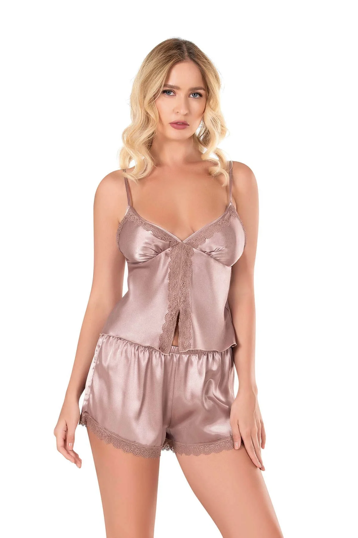 Ahu Primoda Vizon Saten Babydoll Şort Takımı 9128, şık pembe saten üst ve kısa şort, dantel detaylı kadın iç giyim seti