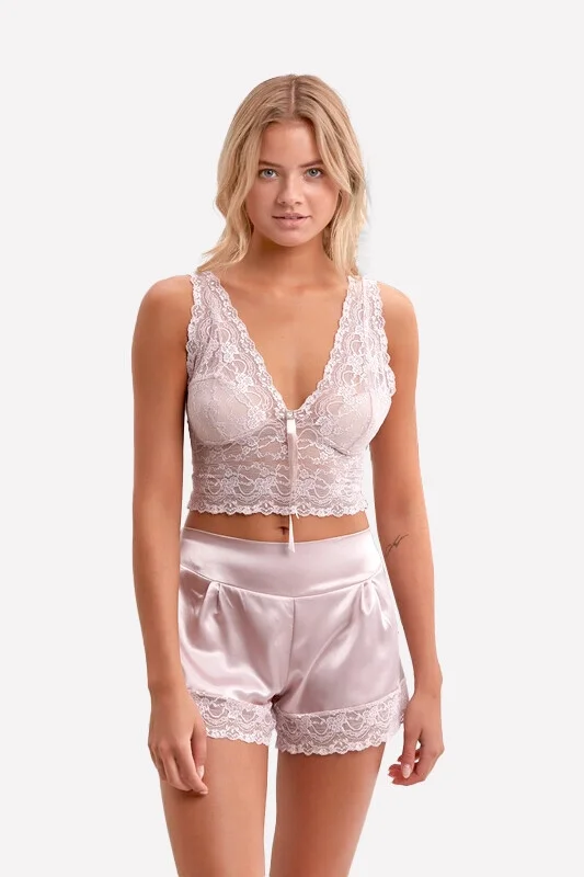 Nbb Pudra Dantel Büstiyerli Saten Şort Takım Şort Takım Toptan