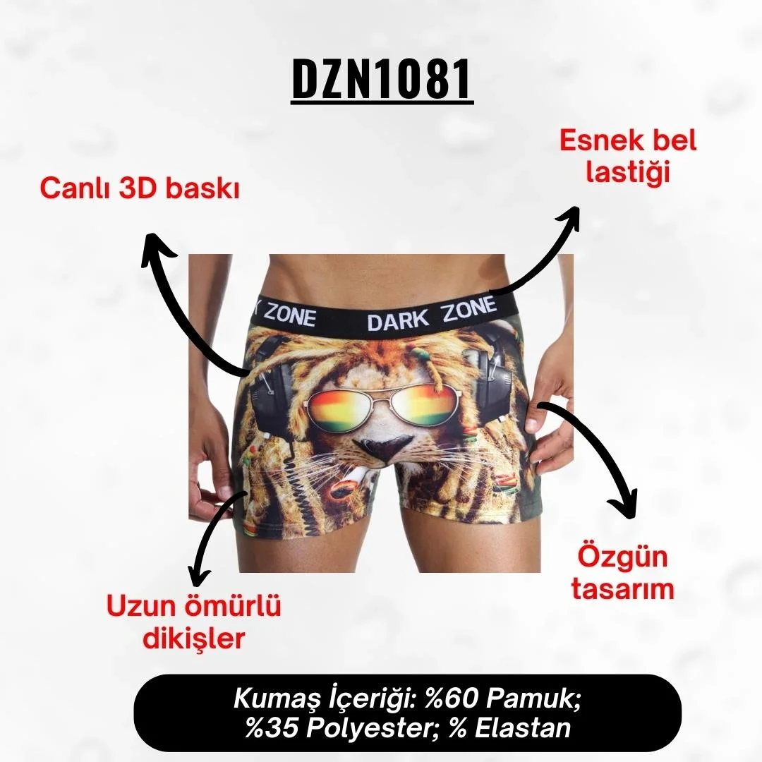 Rastalı aslan desenli 3D boxer, Darkzone marka erkek iç giyim, Rastafari stilinde kareli gözlük ve kulaklık motifli, beyaz arka plan