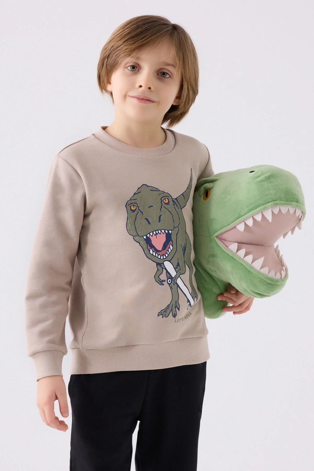 Kahverengi dino desenli erkek çocuk eşofman takımı, Arnetta markası, rahat günlük giyim, çocuk iç giyim
