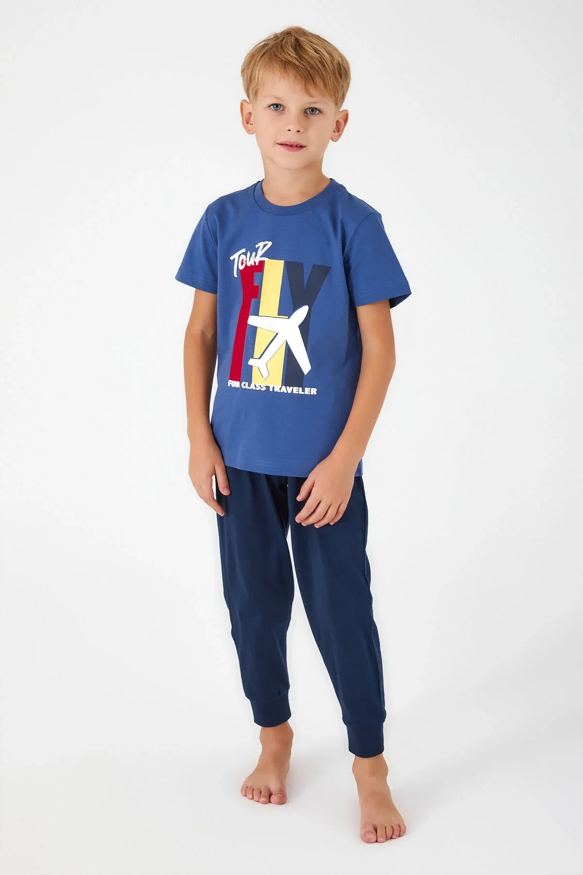 Mavi erkek çocuk pijama takımı, uçak desenli tişört ve pantolon, Arnetta markası, çocuk iç giyim