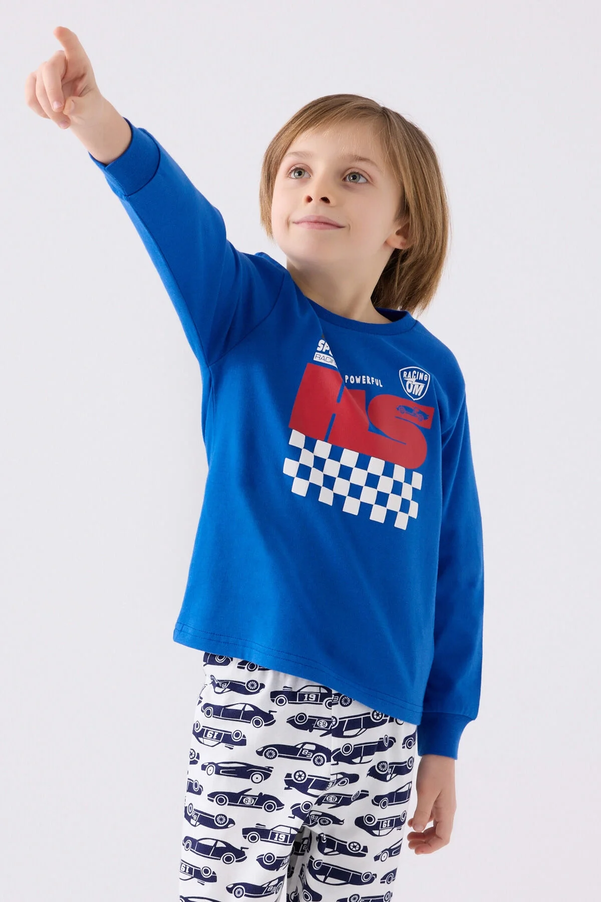 Mavi motosiklet desenli erkek çocuk pijama takımı, Arnetta marka, yarış temalı üst ve pantolon, çocuk giyim
