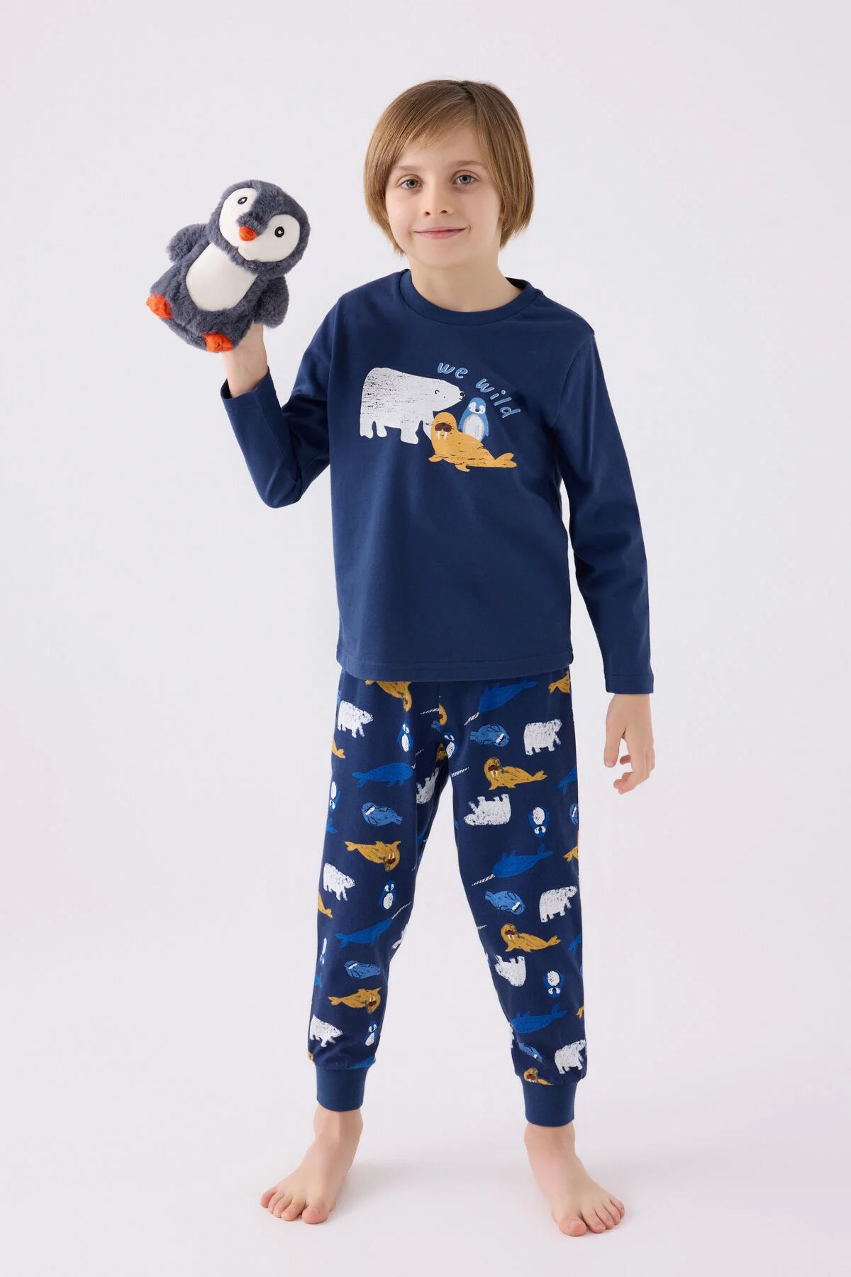 Mavi Rolypoly erkek çocuk pijama takımı, kutup hayvanları desenli, Arnetta marka, çocuk iç giyim, ön ve yan görünüm