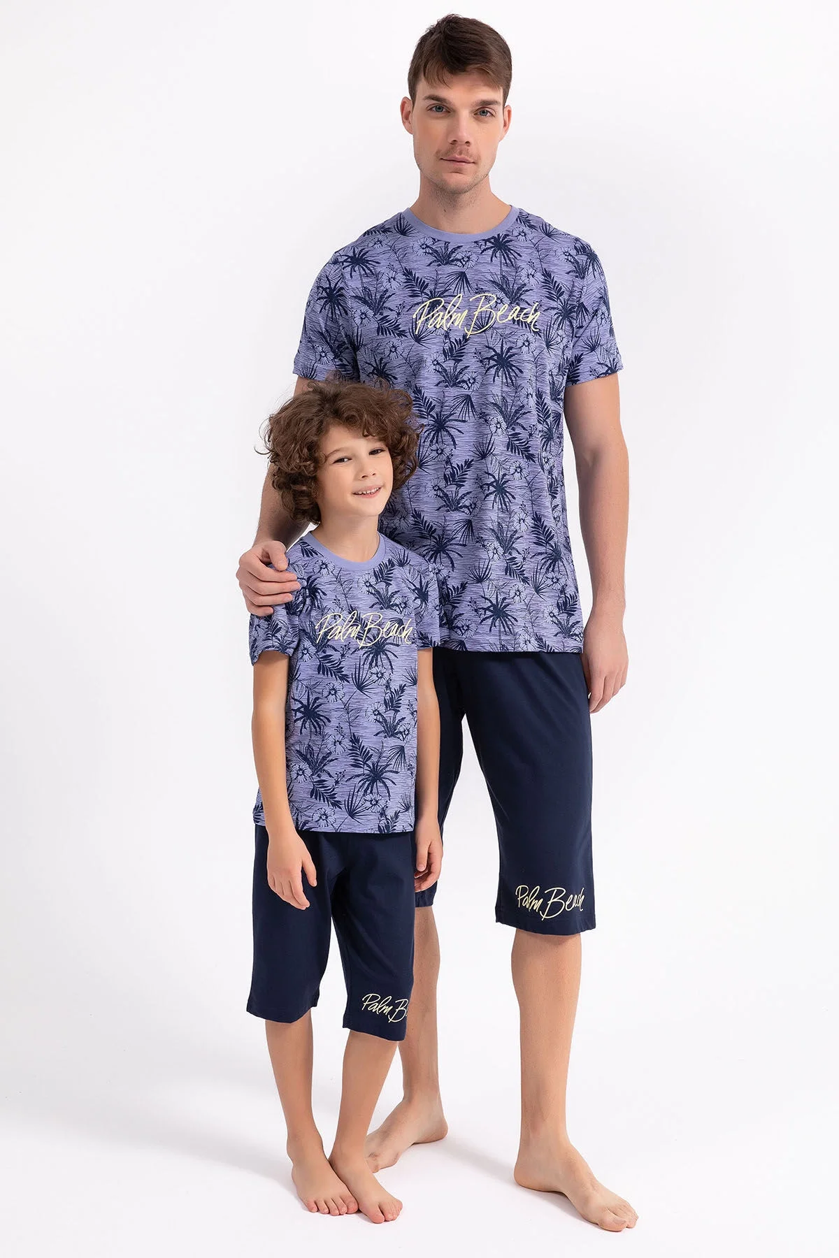 Mor tropikal desenli kapri takım elbette, Arnetta marka erkek çocuk pijama seti, Palm Beach yazlık stil