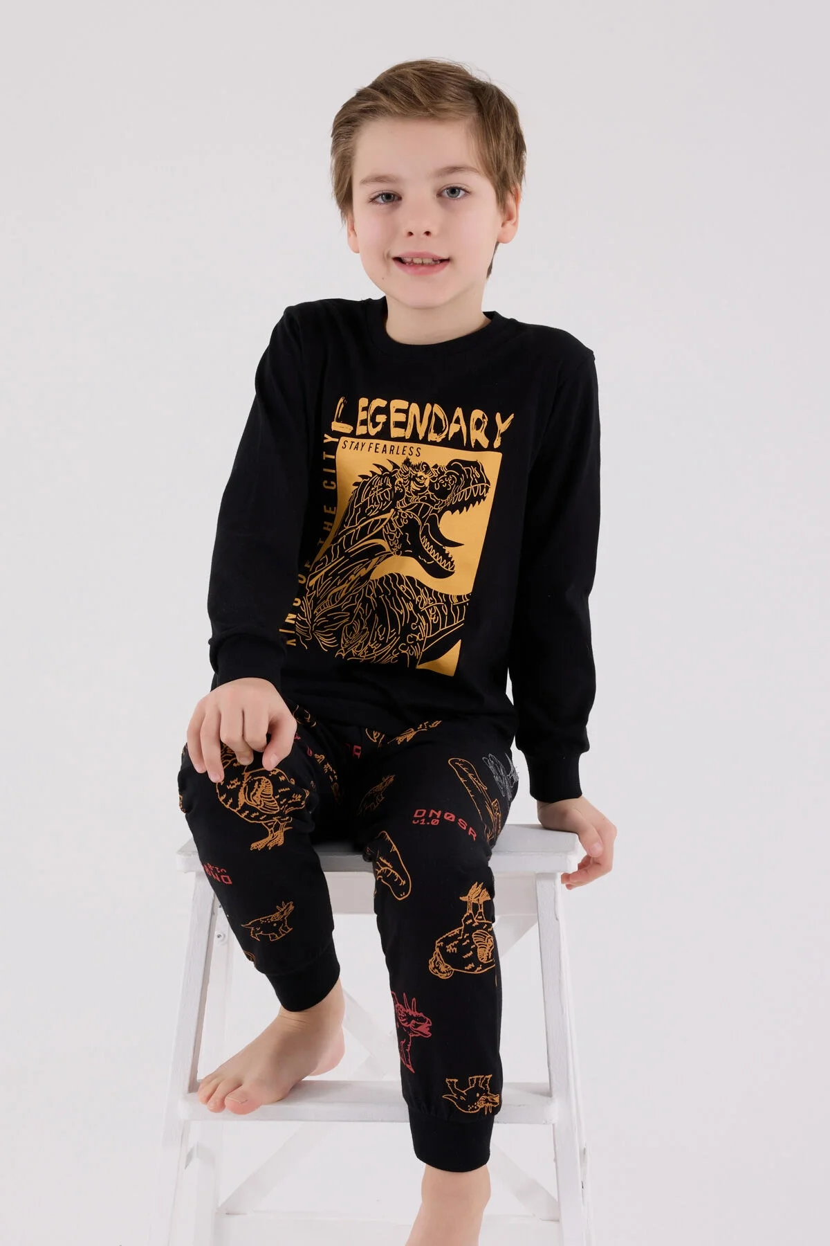 Siyah dino motifli erkek çocuk pijama takımı, Arnetta markası, kıyafet ön ve yan görünümü, beyaz arka plan