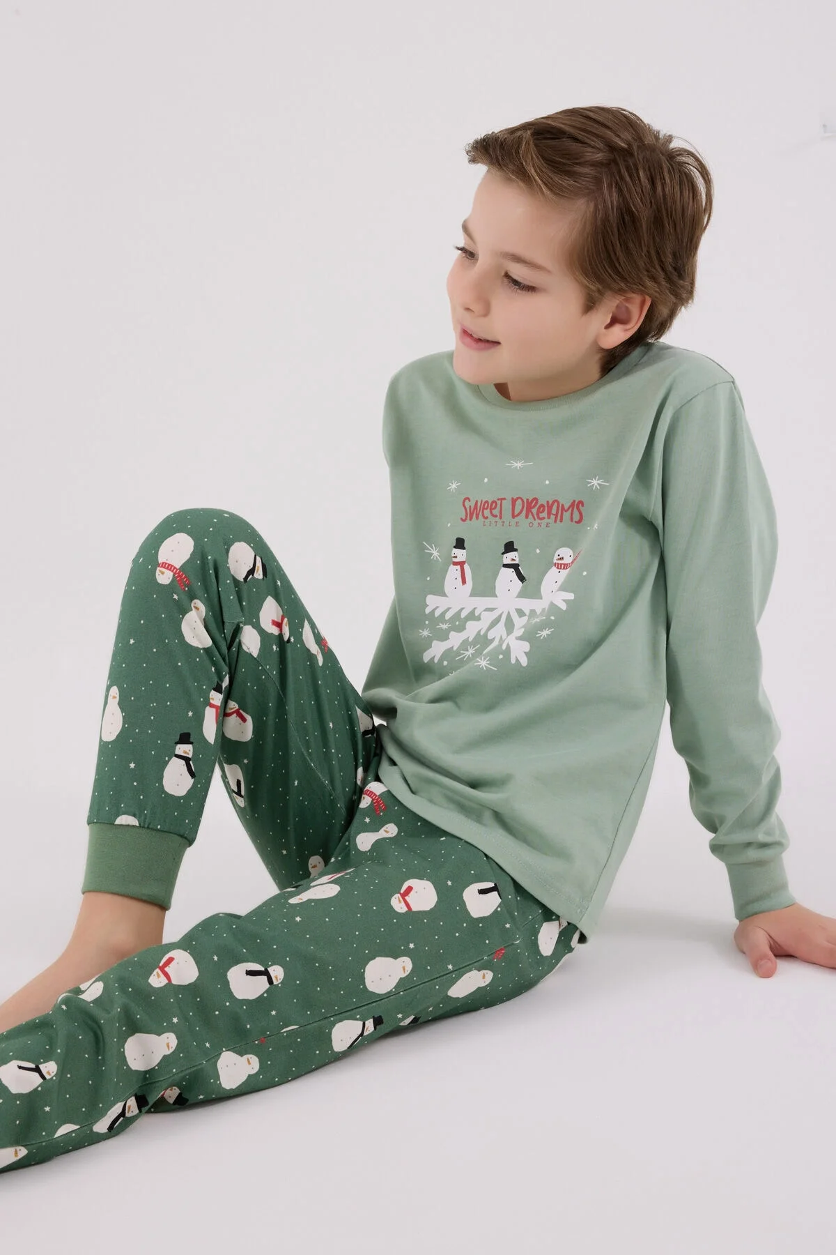 Yeşil karikatür snowman desenli erkek çocuk pijama takımı, Rolypoly marka, kış temalı, uzun kollu üst ve pantolon
