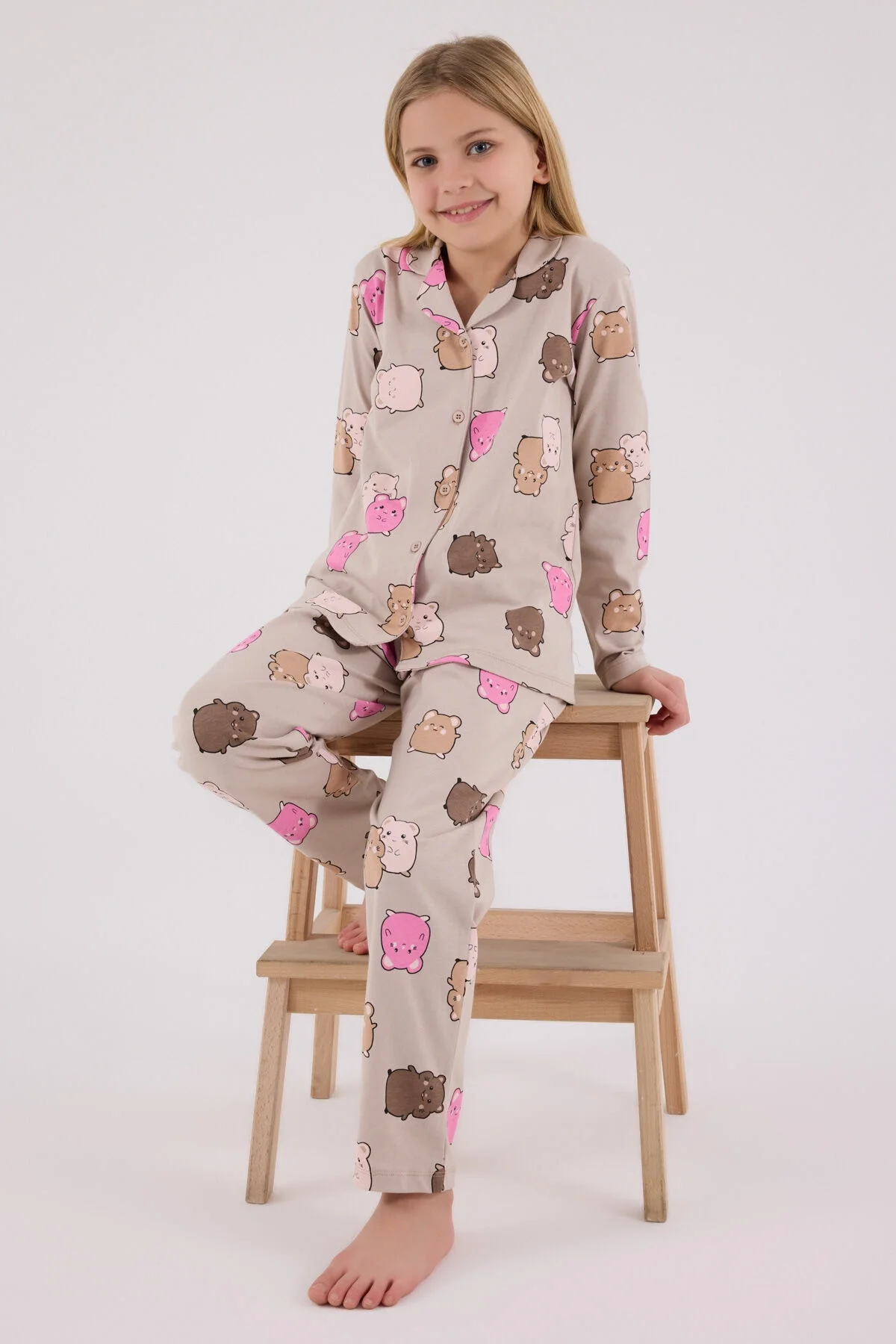 Kız çocuk krem gömlek pijama takımı, Rolypoly markası, kawaii fare desenli, uzun kollu, pijama seti, çocuk pijaması, Arnetta markası