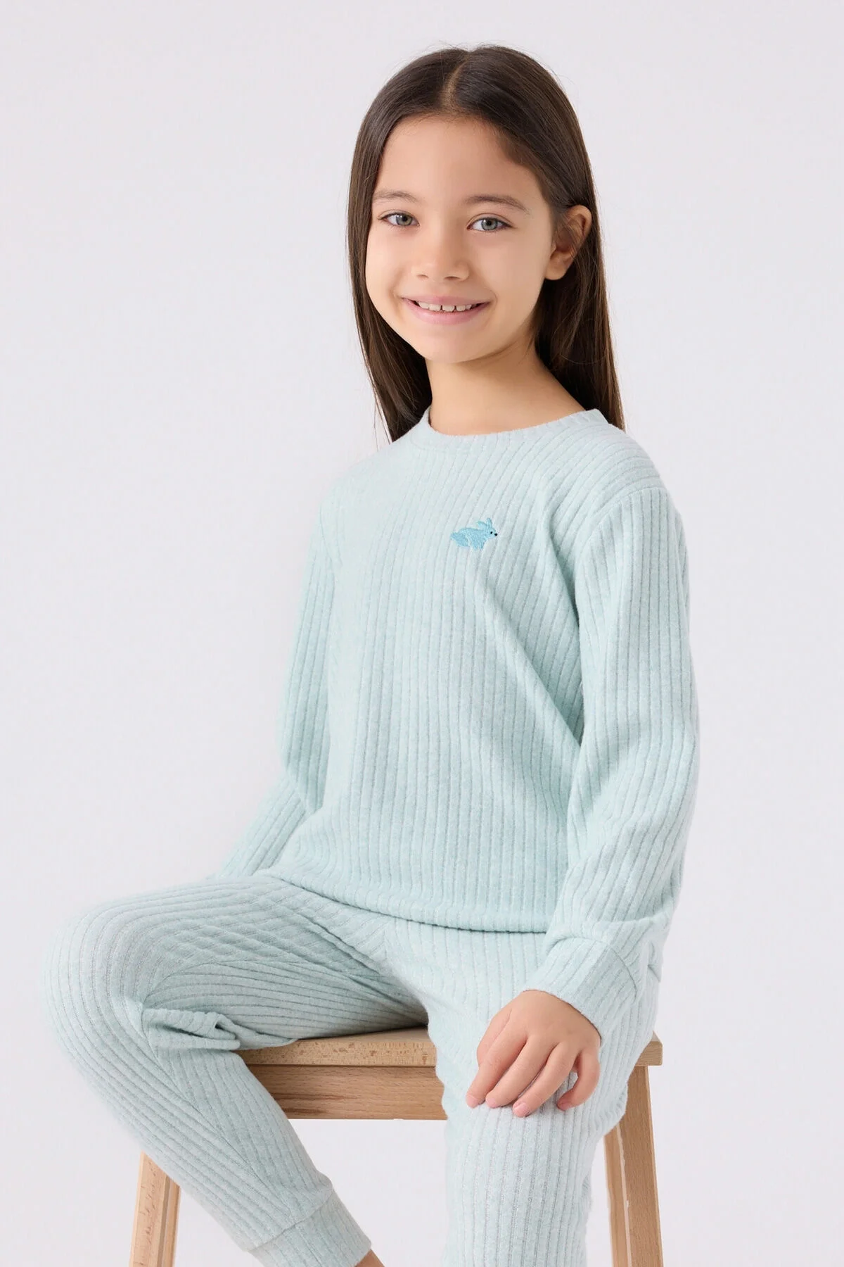 Mavi ribbed desenli kız çocuk pijama takımı, Rolypoly markası, Annetta, çocuk pijama, rahat uyku giysisi, ön detaylı