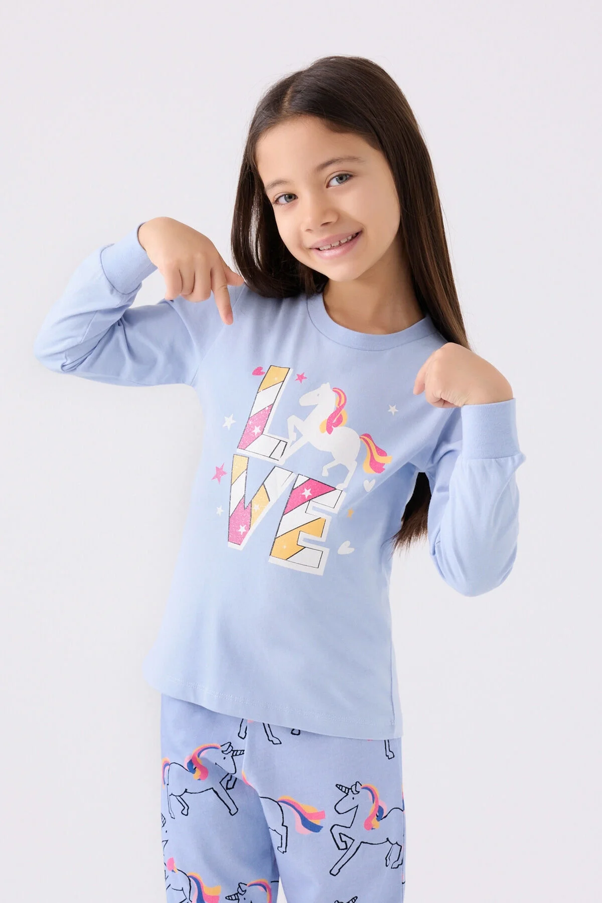 Mavi unicorn desenli kız çocuk pijama takımı, Rolypoly markası, uzun kollu üst ve pantolon, çocuk iç giyim
