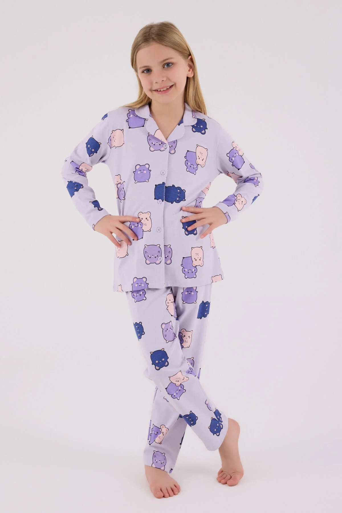 Mor kawaii fare desenli kız çocuk pijama takımı, Arnetta markası, uzun kollu ve pantolonlu, yumuşak dokulu