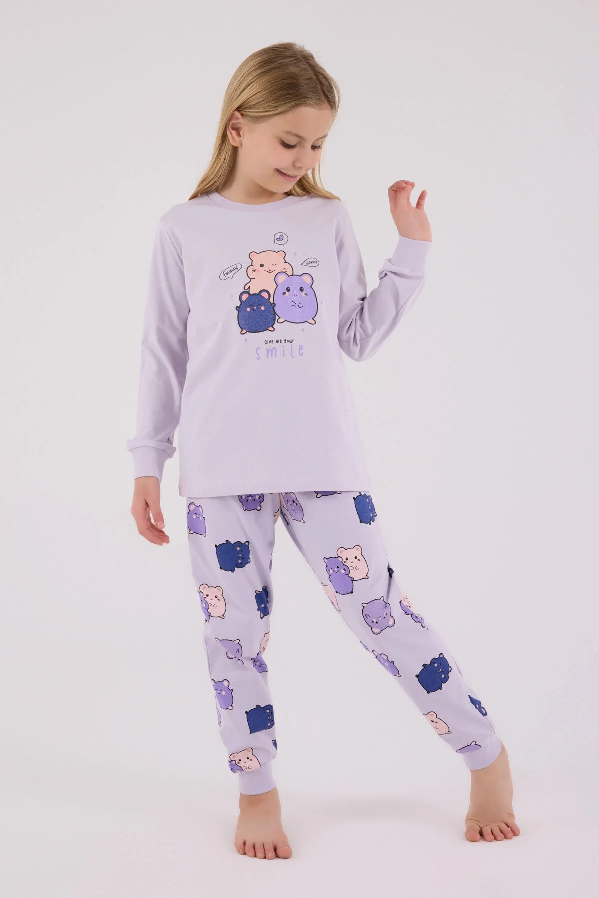 Mor kumralı kıyafetli kız çocuk pijama takımı, sevimli hamster desenli, Arnetta markası, rahat uyku giysisi