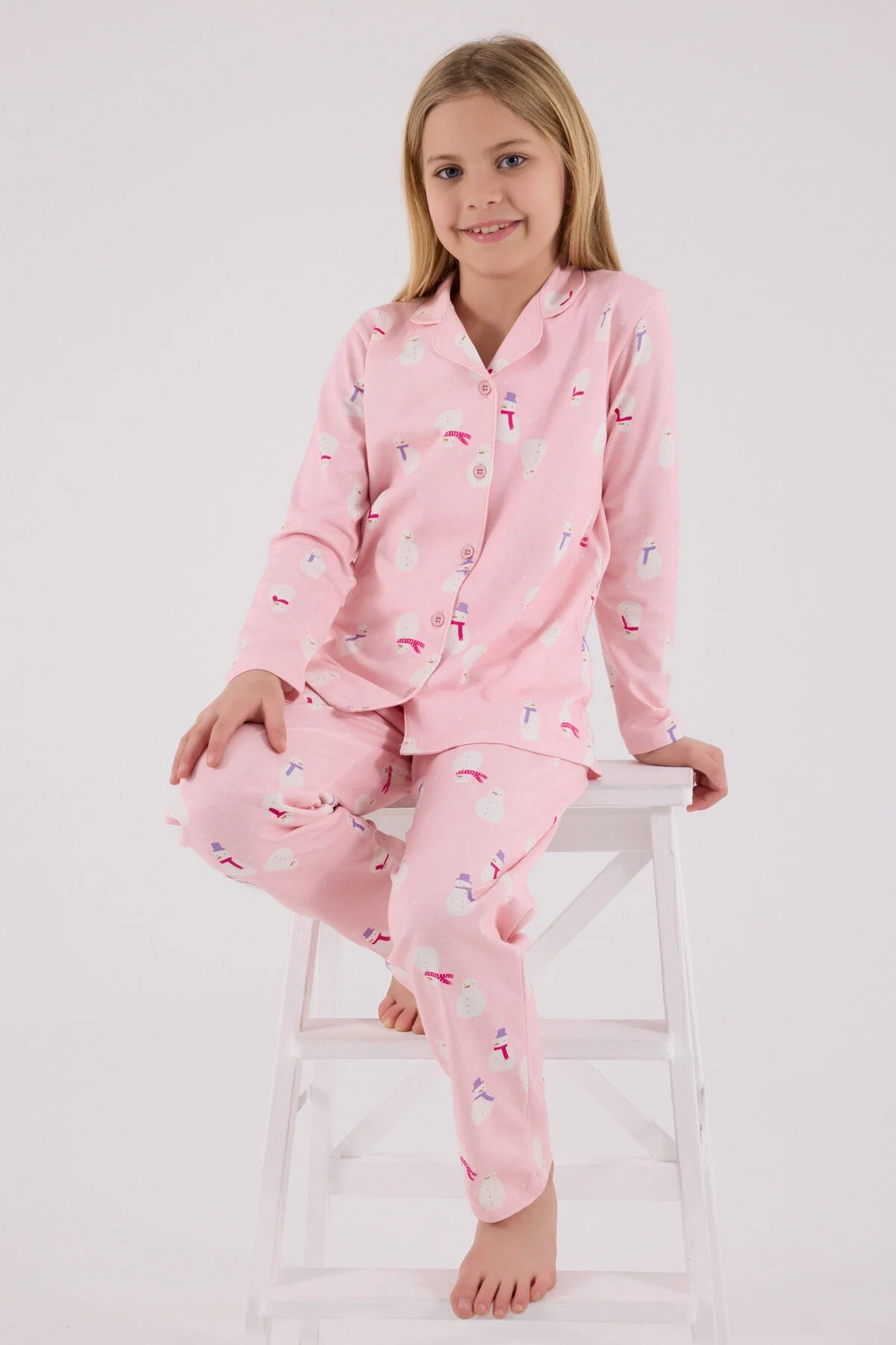 Pembe karikatür kış mevsimi motifli kız çocuk pijama takımı, Rolypoly markası, uzun kollu üst ve pantolon, çocuk iç giyim