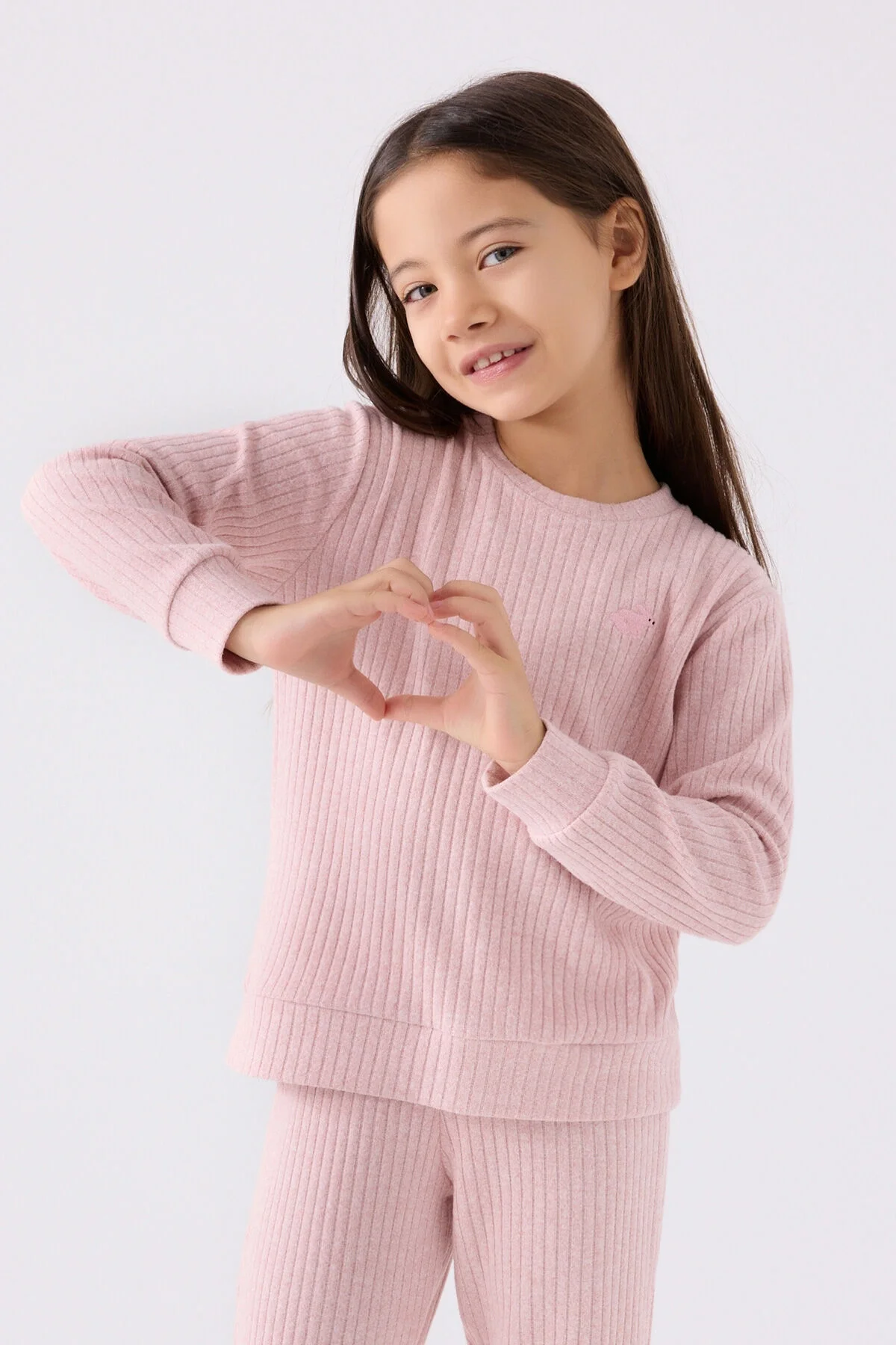 Pembe ribbed kız çocuk pijama takımı, Rolypoly marka, yumuşak dokulu, ön gömlek ve pantolon seti, çocuk iç giyim