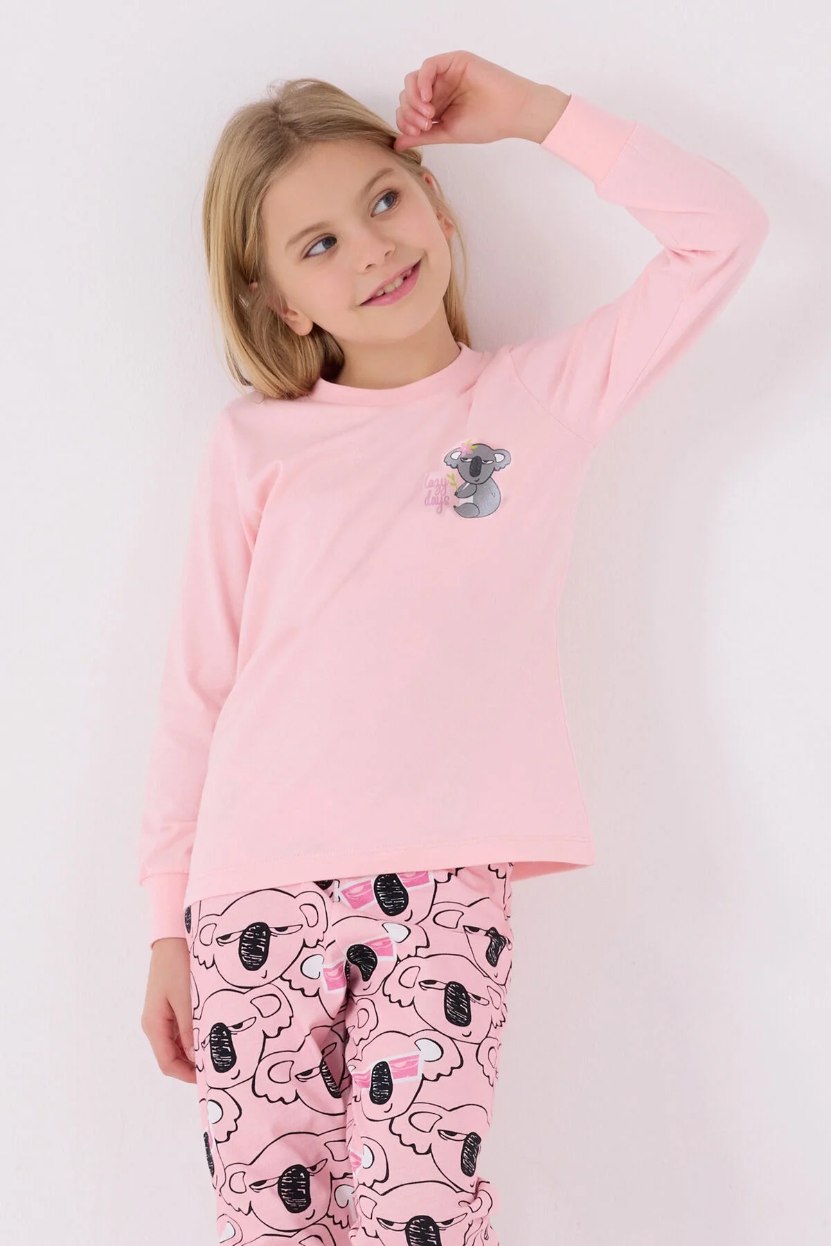 Pembe koala desenli kız çocuk pijama takımı, Rolypoly markası, uzun kollu üst ve pantolon, çocuk iç giyim