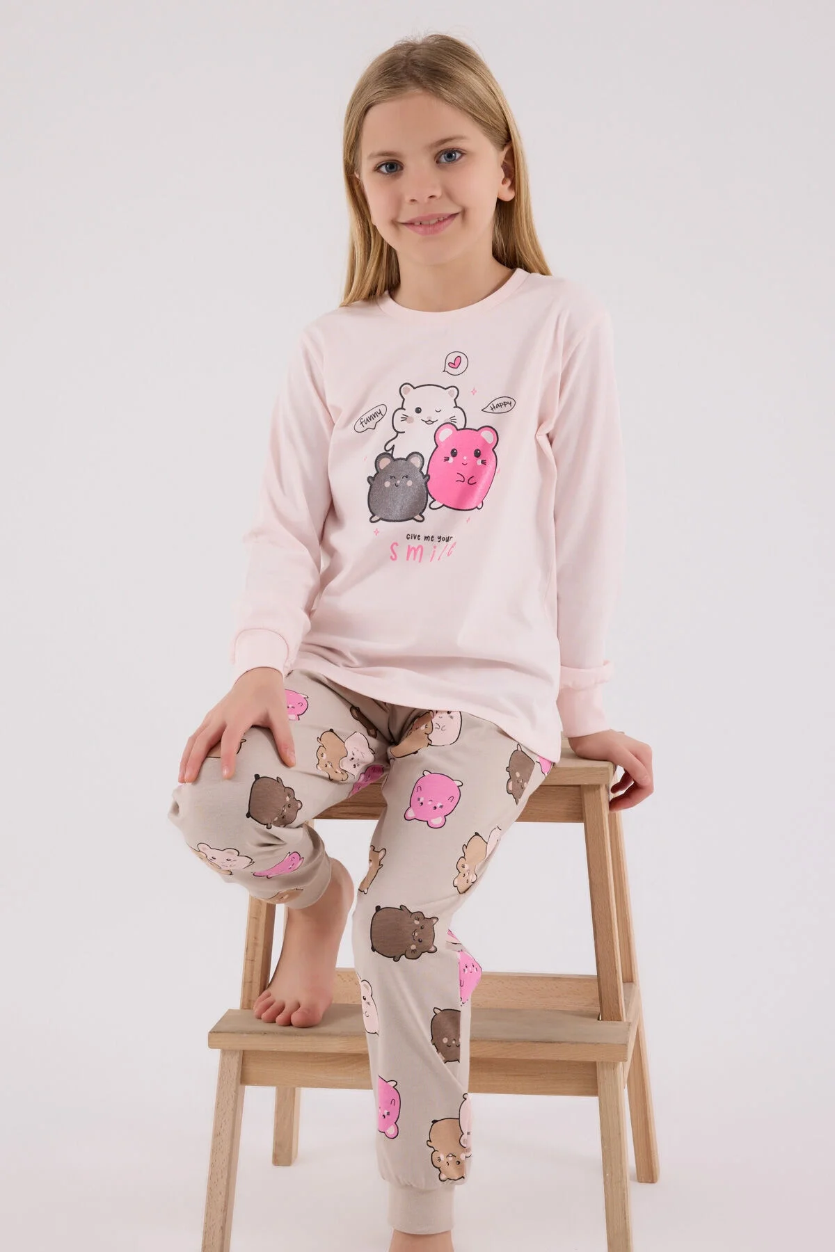Pembe kız çocuk pijama takımı, kawaii hamster desenli, uzun kollu üst ve pantolon, Arnetta markası