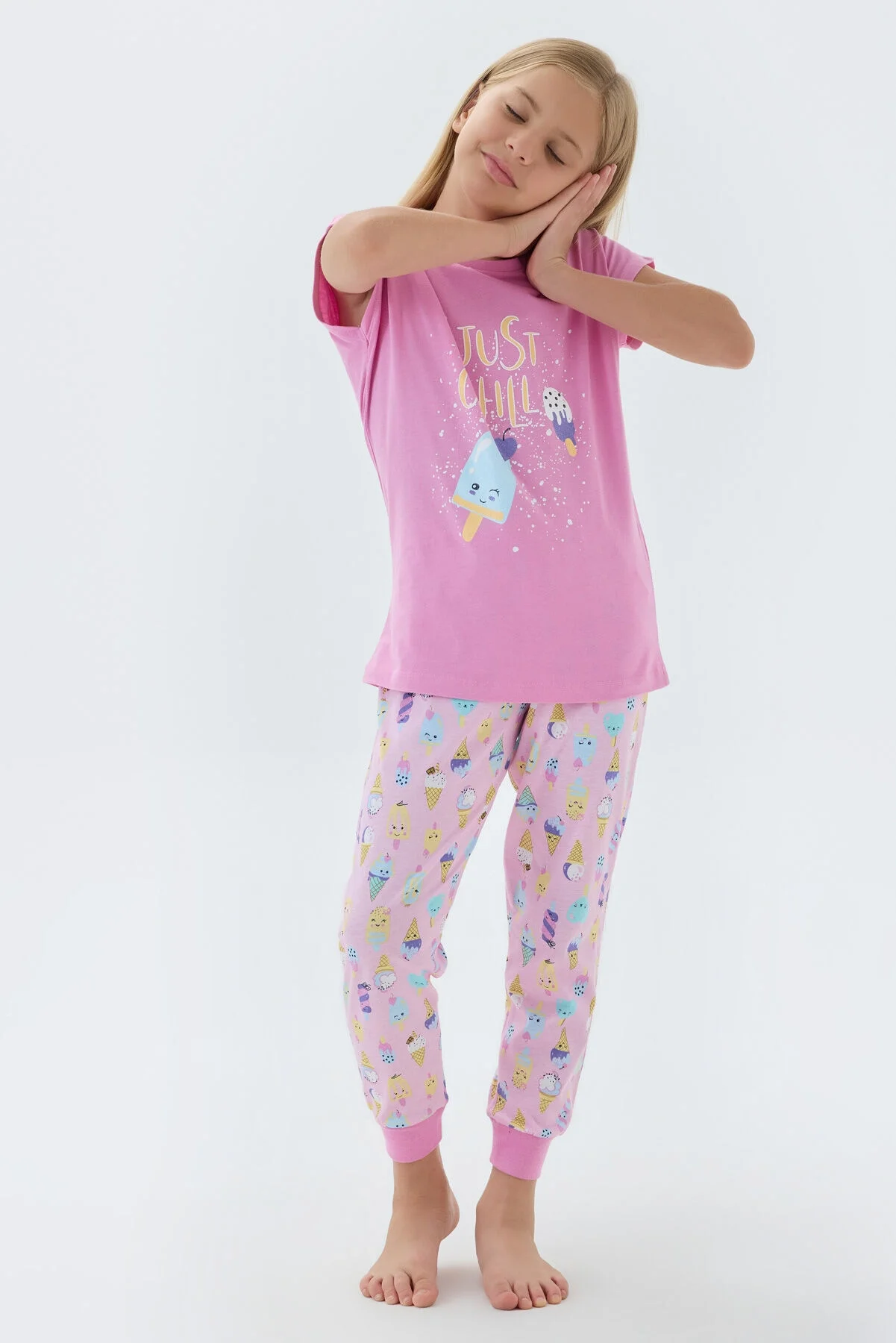 Pembe ice cream desenli kız çocuk pijama takımı, Rolypoly markası, Annetta üretimi, rahat günlük giyim