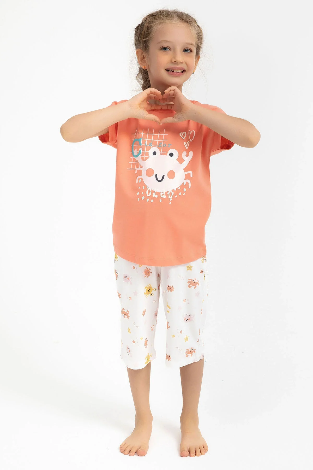 Rolypoly Kız Çocuk Turuncu Kapri Takımı, Arnetta marka, kahverengi kara kıyafet, deniz yaratığı desenli, çocuk pijama seti