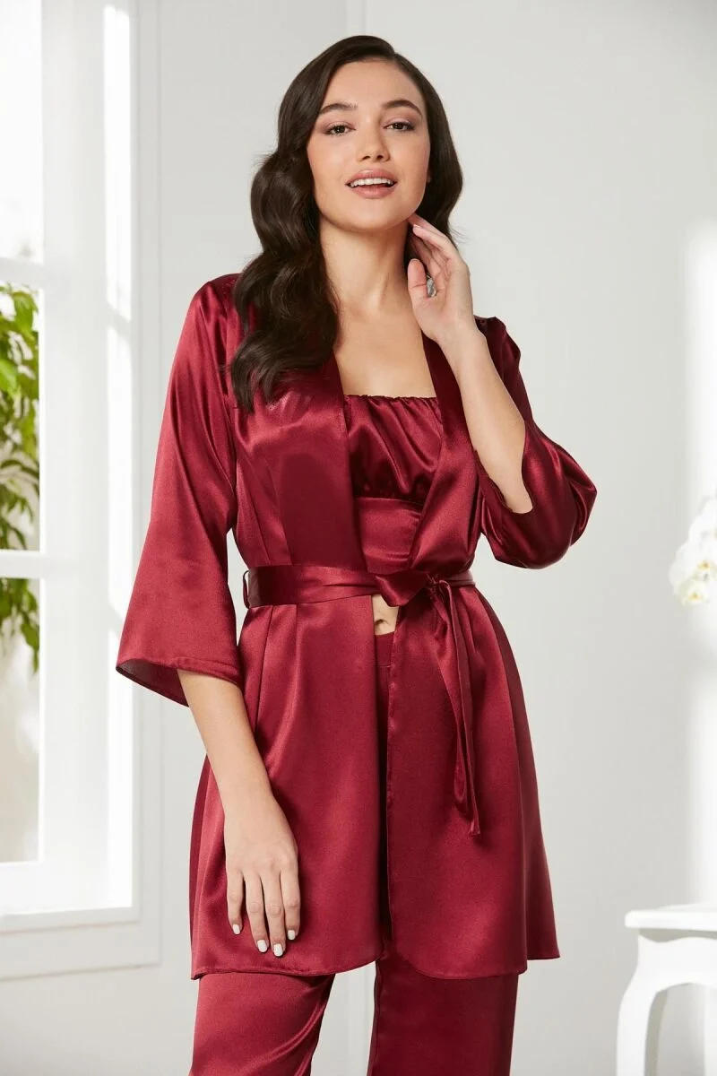 Pierre Cardin Saten 3'lü Kadın Pijama Takımı - 2075 Bordo Pijama Takımları Toptan