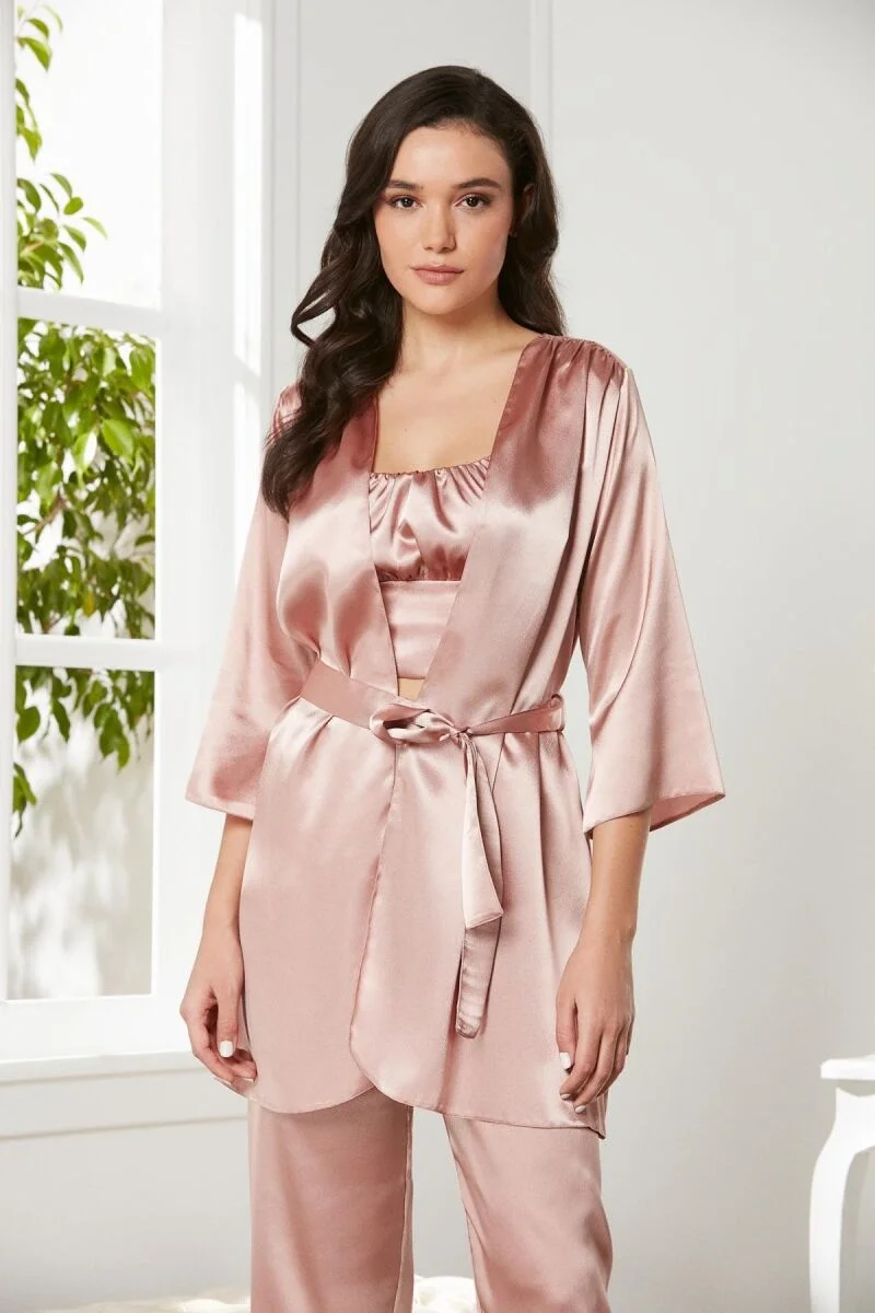 Pierre Cardin marka saten 3'lü kadın pijama takımı, bronz tonu, pürüzsüz dokulu, kıyafet seti, rahat ve lüks iç giyim