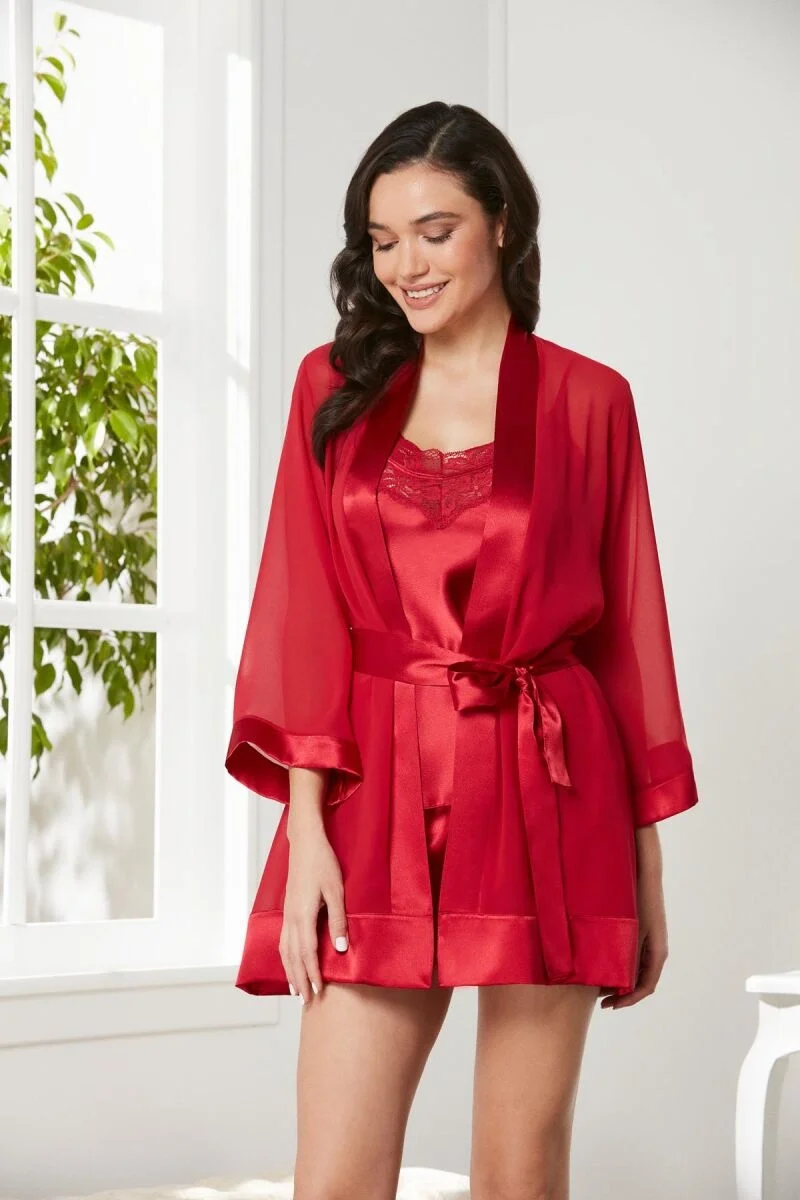 Pierre Cardin Saten 3'lü Kadın Sabahlık Takım - 2475 Kırmızı Pijama Takımları Toptan