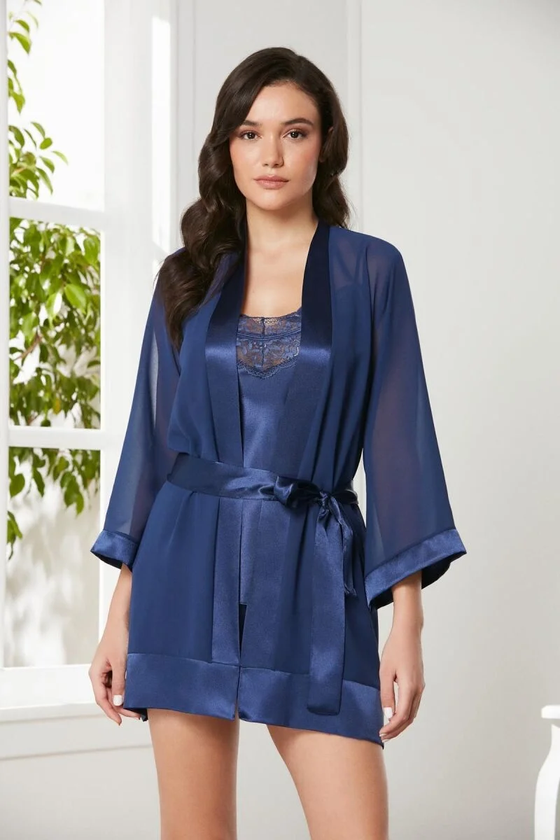 Pierre Cardin Saten 3'lü Kadın Sabahlık Takım - 2475 Lacivert Pijama Takımları Toptan