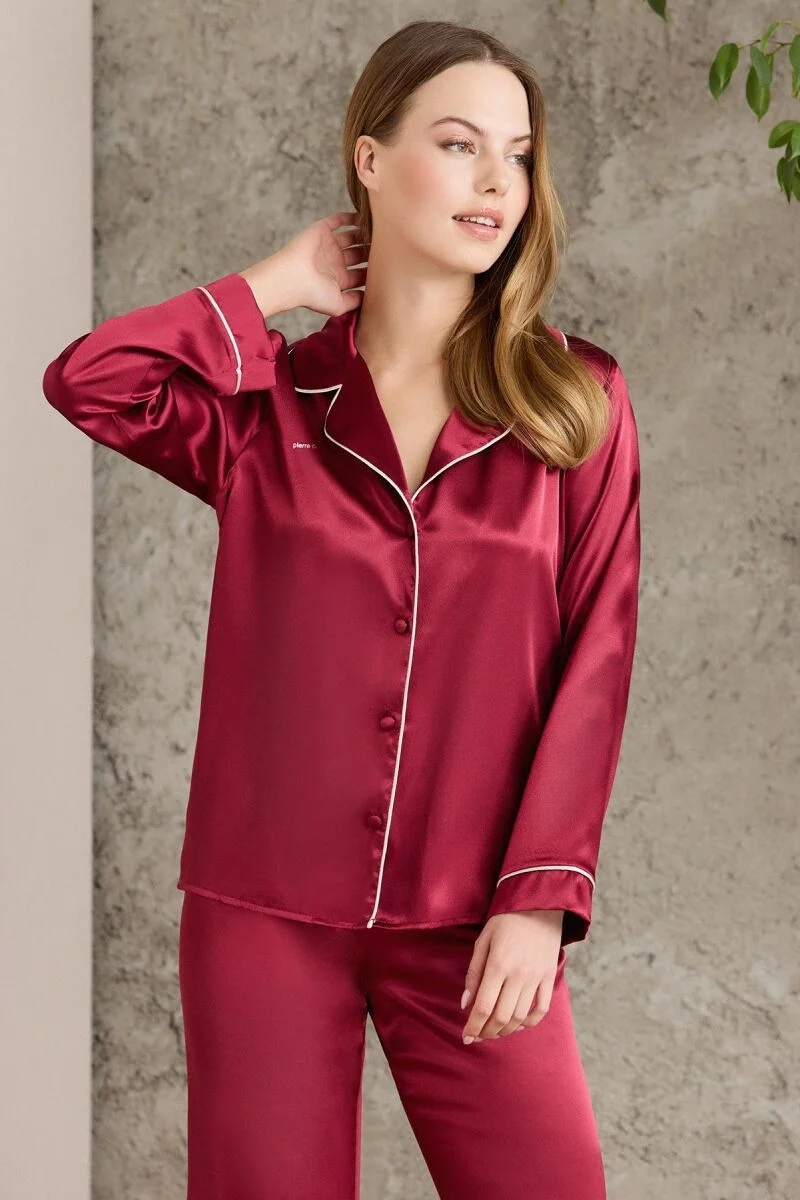 Saten Biyeli Kadın Pijama Takımı  - 1200 Bordo
