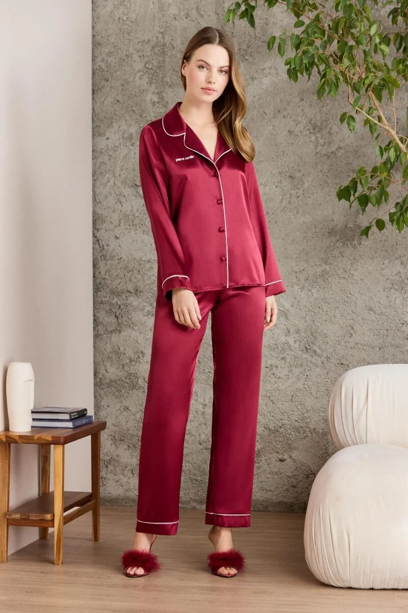 Pierre Cardin Saten Biyeli Kadın Pijama Takımı - 1200 Bordo Pijama Takımları Toptan