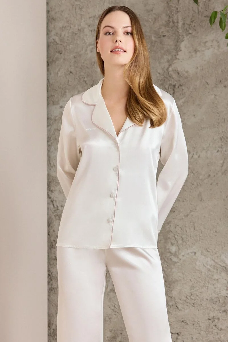 Saten Biyeli Kadın Pijama Takımı - 1200 Ekru