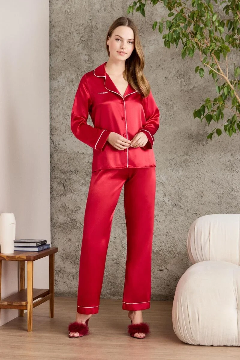 Pierre Cardin Saten Biyeli Kadın Pijama Takımı - 1200 Kırmızı Pijama Takımları Toptan