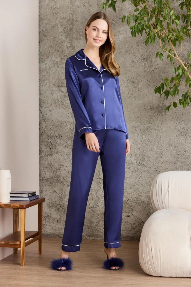 Pierre Cardin Saten Biyeli Kadın Pijama Takımı - 1200 Lacivert Pijama Takımları Toptan