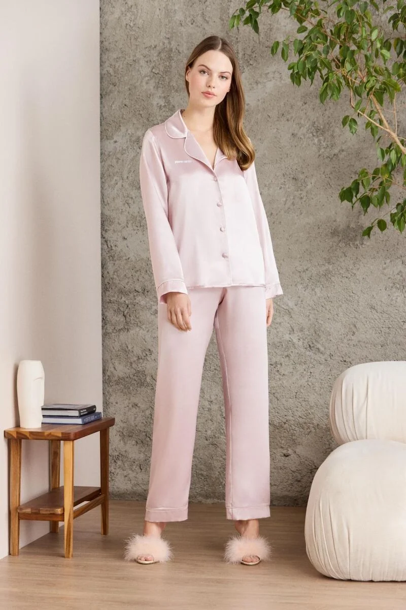 Pierre Cardin Saten Biyeli Kadın Pijama Takımı - 1200 Pudra Pijama Takımları Toptan