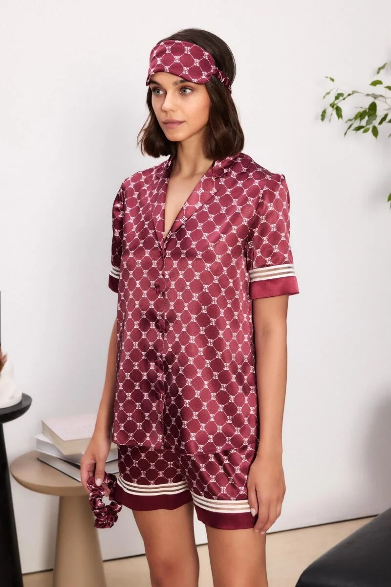 Pierre Cardin Saten Biyeli Kadın Pijama Takımı - 1325 Bordo Şort Takım Toptan