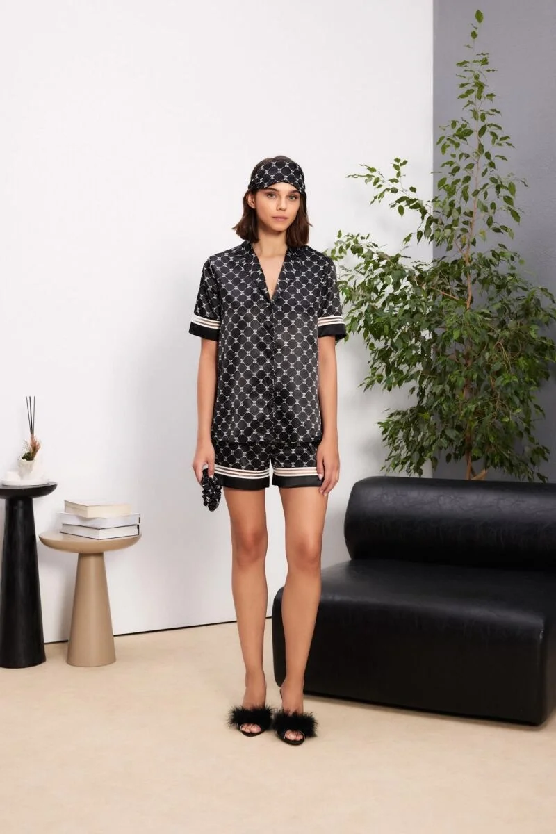 Pierre Cardin Saten Biyeli Kadın Pijama Takımı - 1325 Siyah Şort Takım Toptan