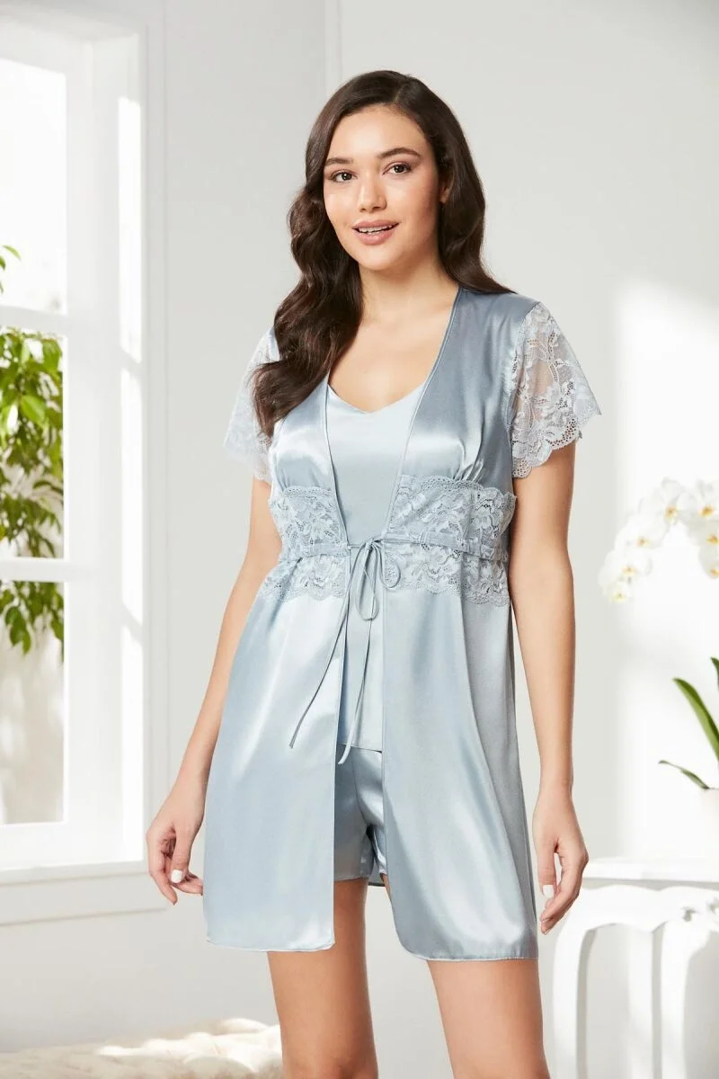 Pierre Cardin Saten Dantelli 3'lü Kadın Sabahlık Takım 2480 Mist Pijama Takımları Toptan