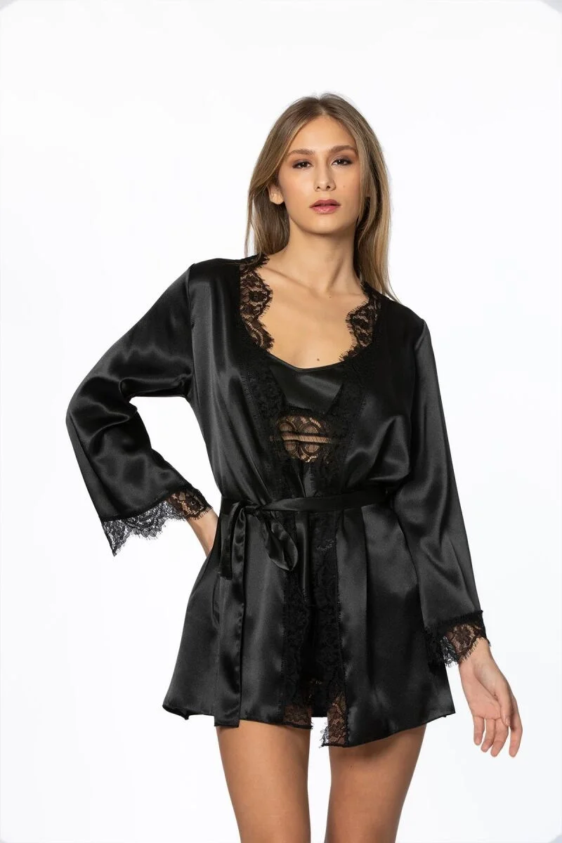 Pierre Cardin Saten Dantelli 3'lü Kadın Sabahlık Takım 2490 Siyah Pijama Takımları Toptan